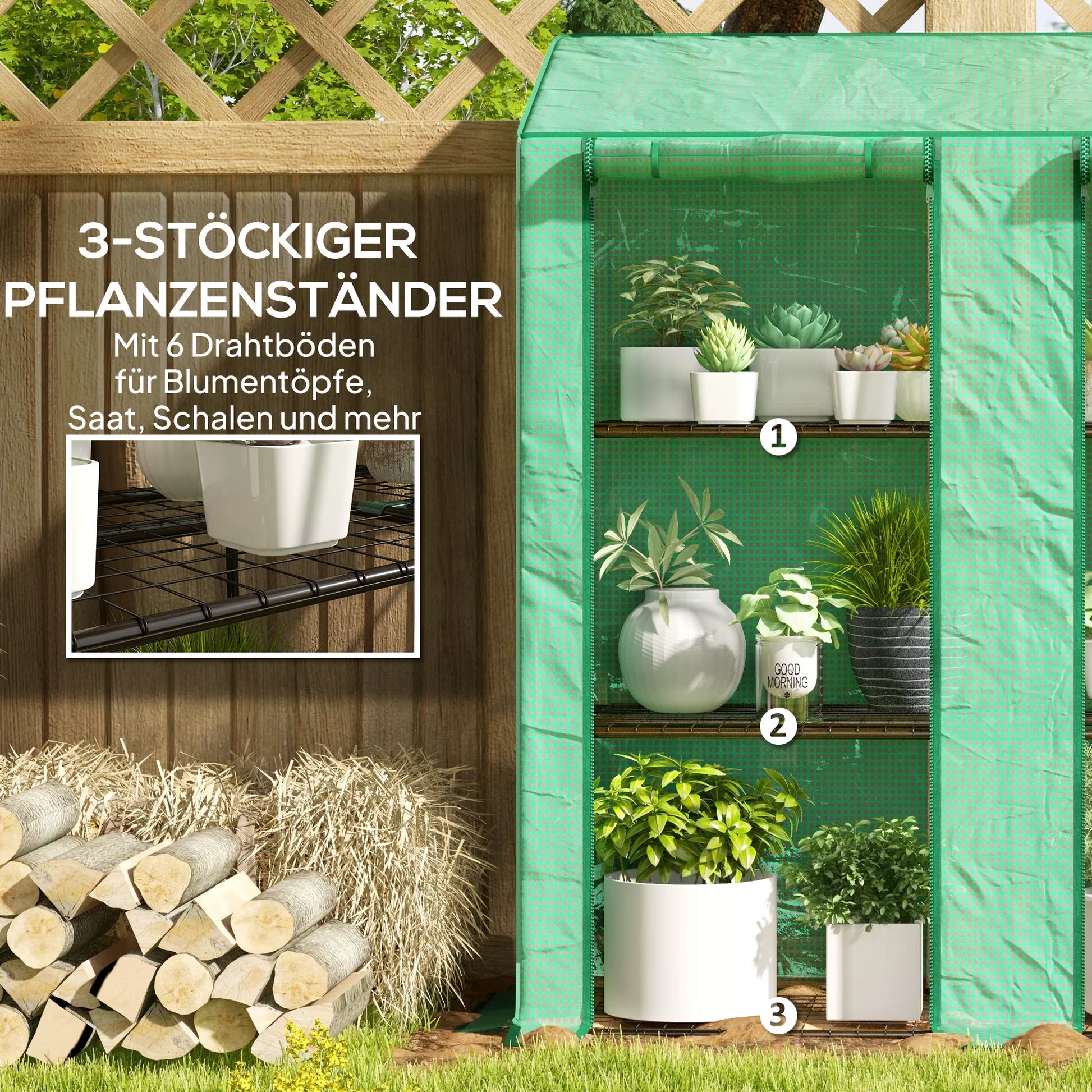 Mini šiltnamis, 3 aukštų, 6 vieliniai stelažai, 2 angos, plastikinė danga, žalias