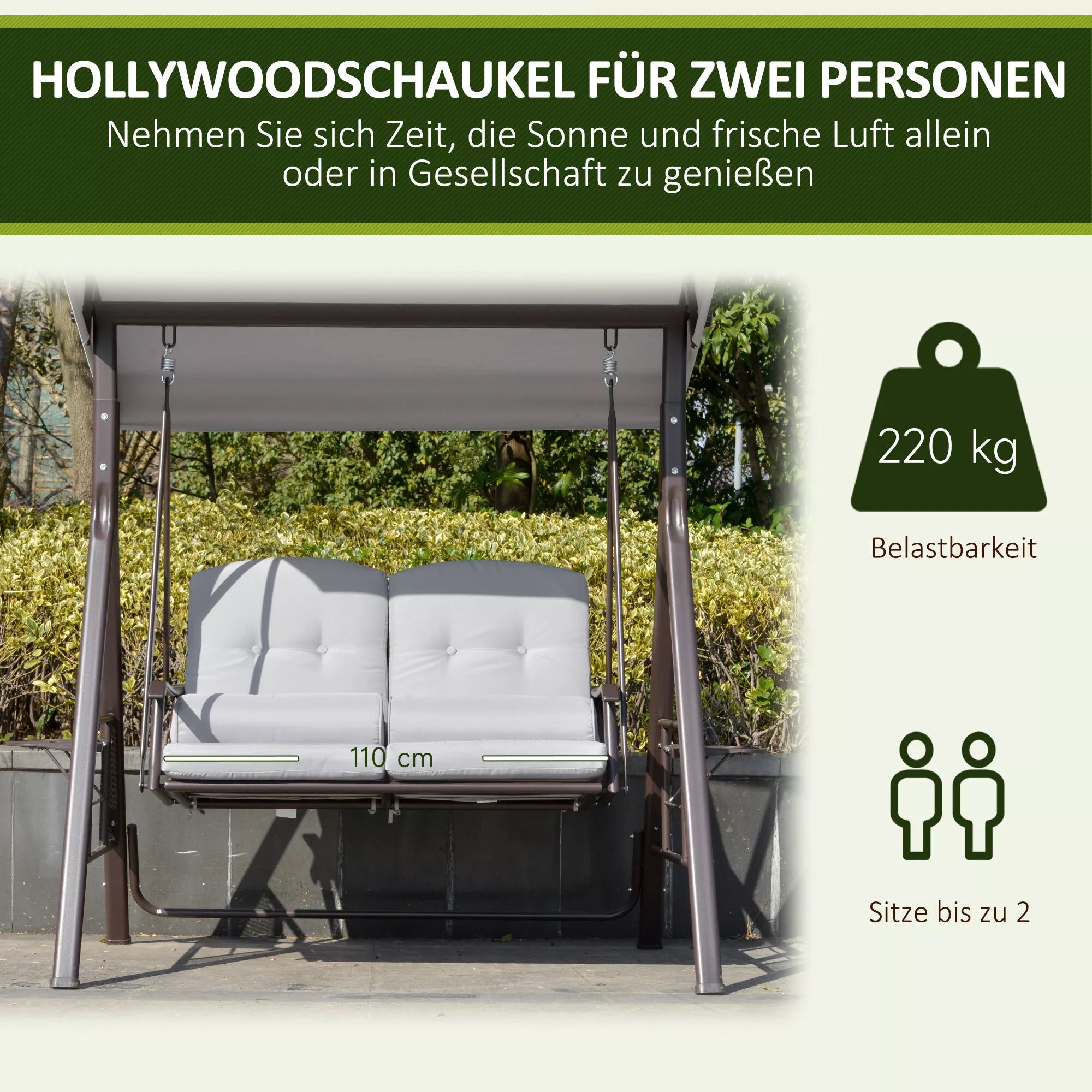 2 vietų Hollywood šūklas Sodo šūklas su saulės stogu Pagalvės Padėklas Metalas Poliesteris Pilka 162 x 118 x 173 cm