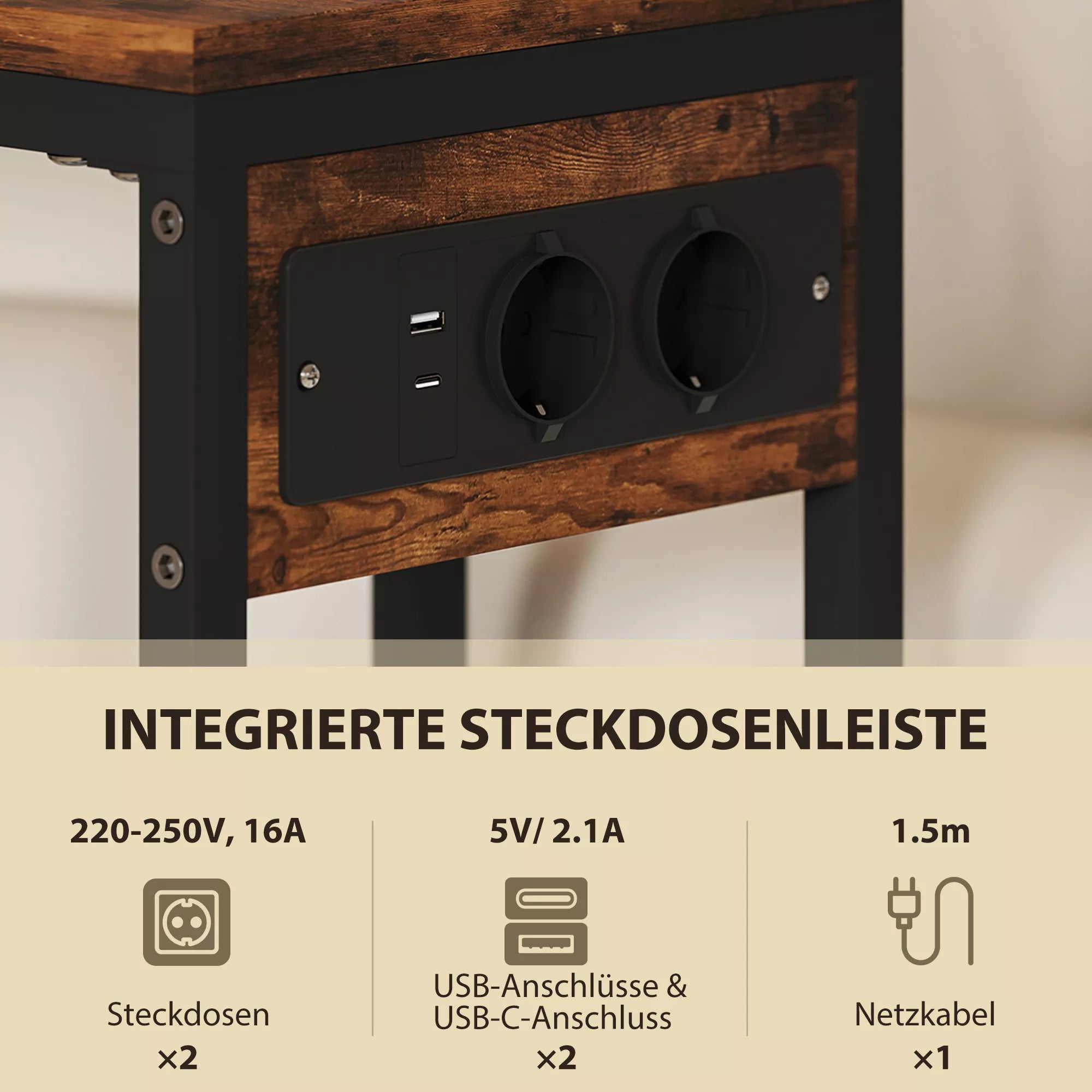Pastatomas staliukas su elektros lizdais, USB jungtimis, kabeliu, C formos dizainas