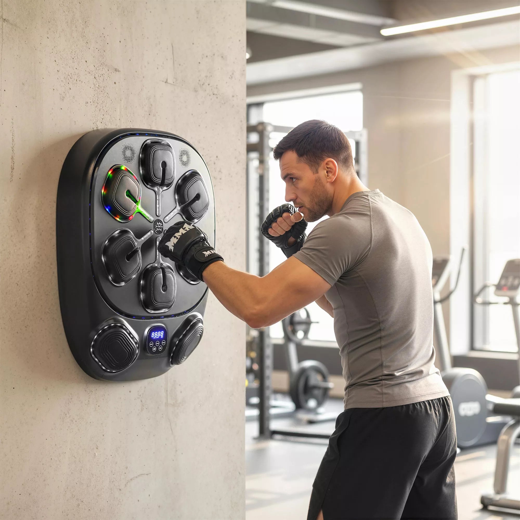 Music Boxing Machine, elektroninė LED bokso mašina su dvigubomis smūgių zonomis, „Bluetooth“ pirštinėmis ir 9 greičiais