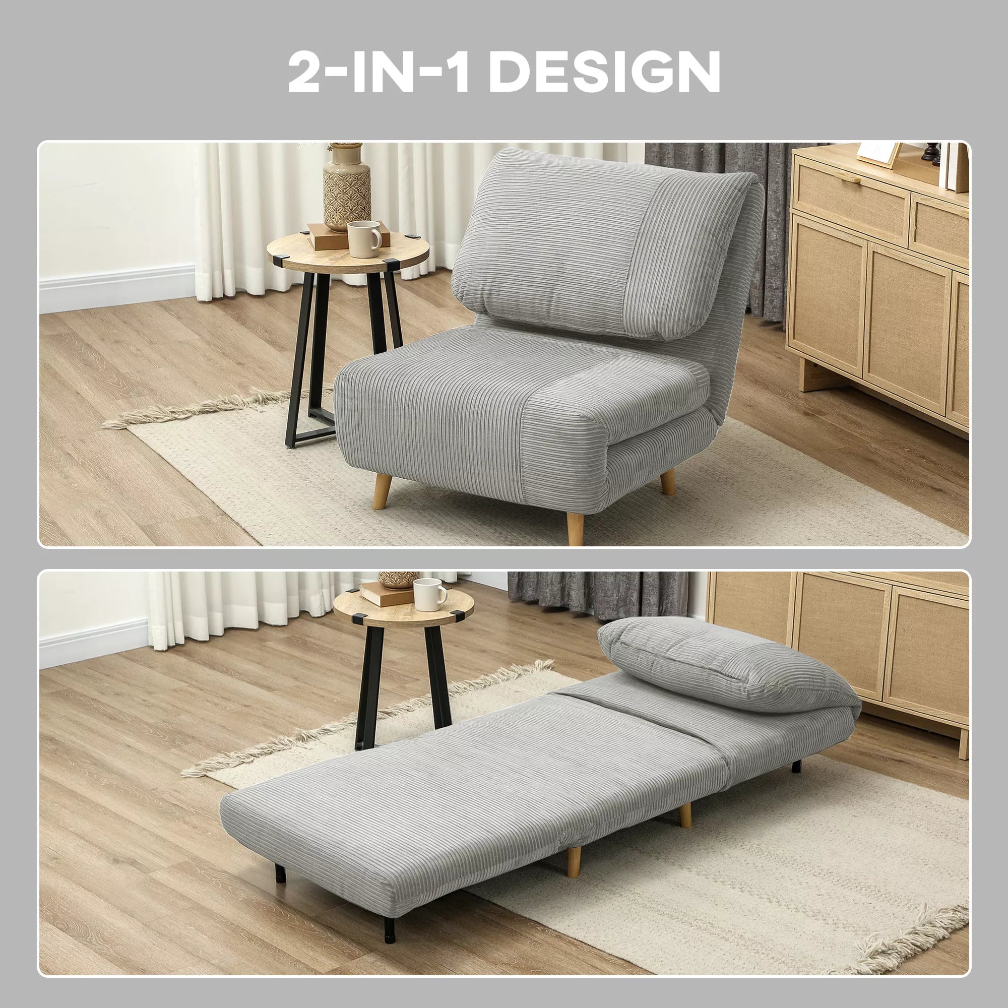 2-in-1 miegamasis fotelis Svečių lova, reguliuojamas  galvos atlošas Cord-Optik 82 cm x 87 cm x 89 cm Pilka