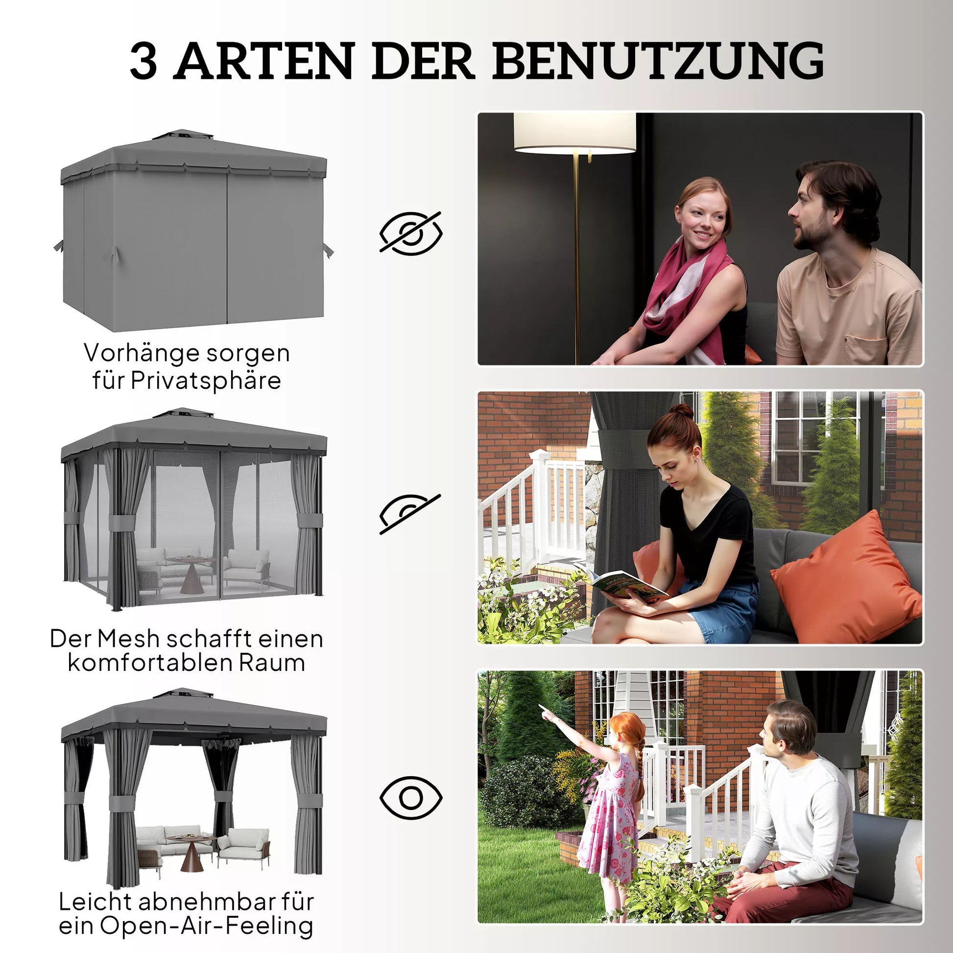 Paviljonas, maždaug 3x3 m, atsparus vandeniui, tvirtas, atsparus žiemai, su dvigubu stogu, užtrauktukais užsegamais moskitų tinklais.