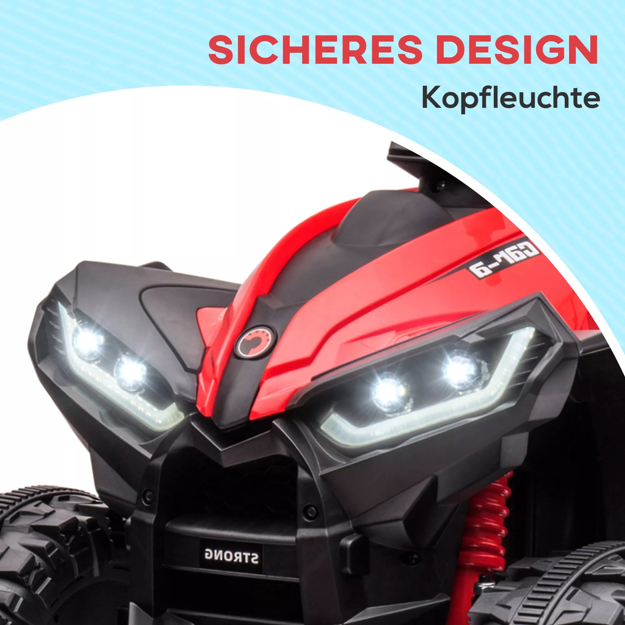 Elektrinis vaikų keturratis, LED žibintai, MP3 grotuvas, amortizatoriai, ergonomiška sėdynė, raudona + juoda