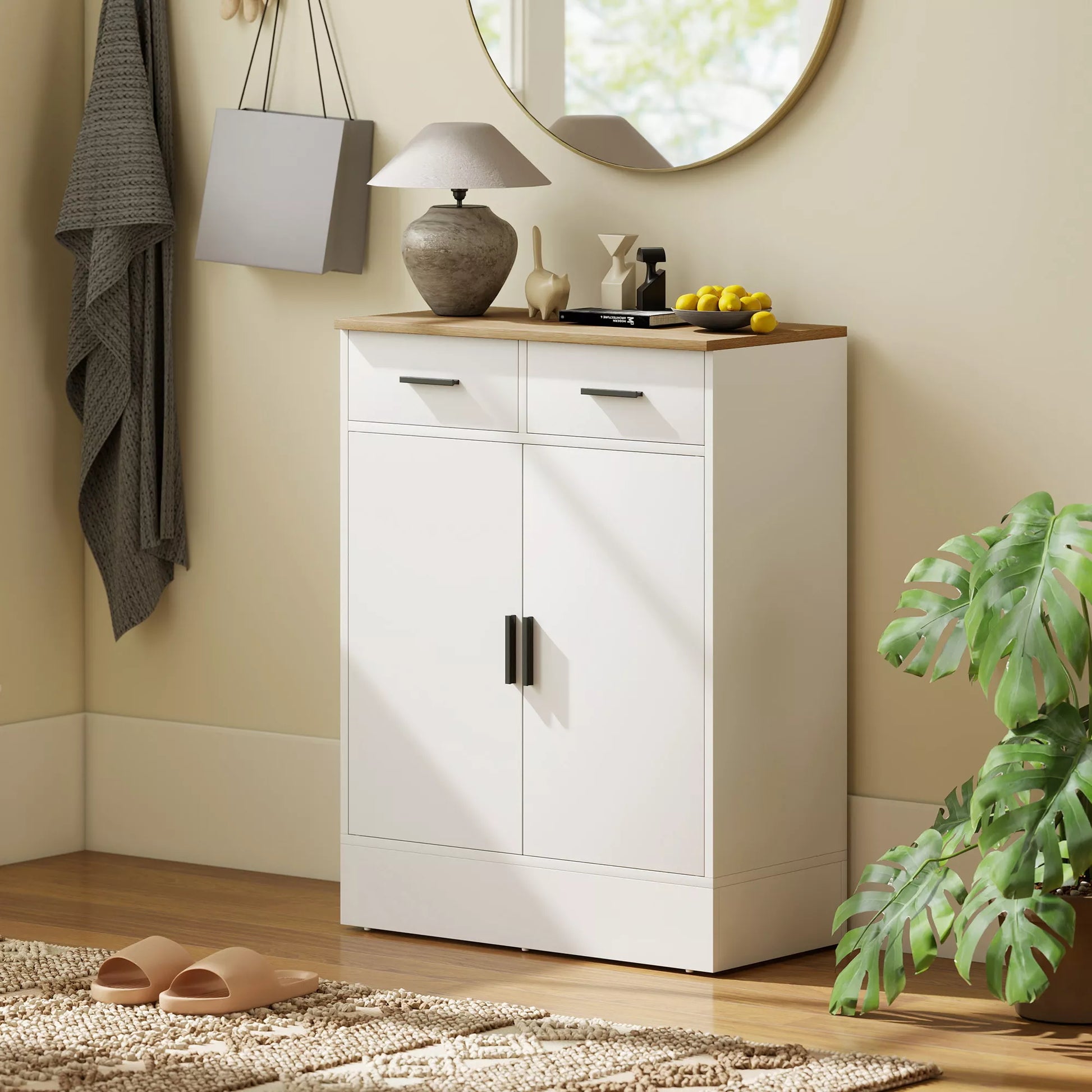 Spintelė su saugykla, komoda su 2 stalčiais, reguliuojama lentyna, skirta virtuvei, svetainei, koridoriui, natūrali mediena, balta