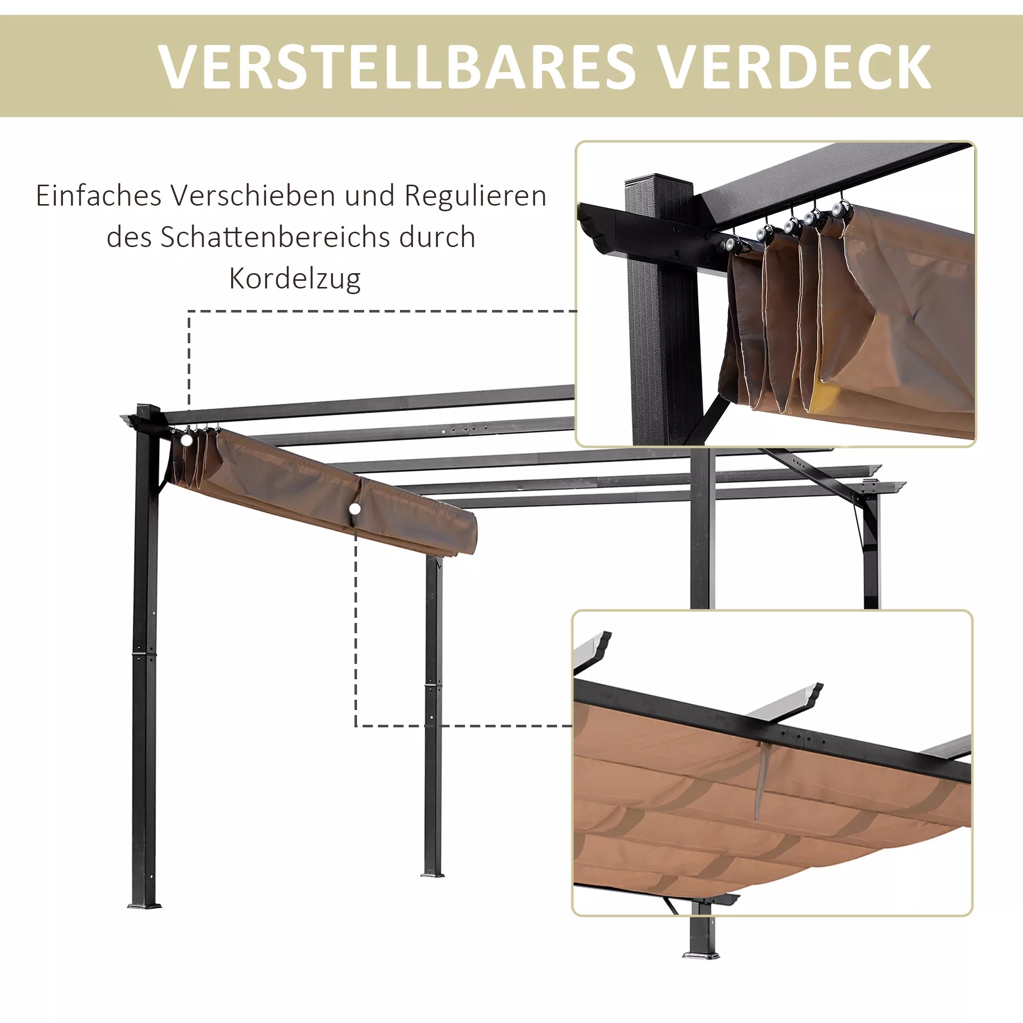 Pergola paviljonas su reguliuojamu audiniu stogu 3 x 4 m Terasos stogelis Aliuminio saulės apsauga Stogas Terasa Sodas Pilka+Ruda