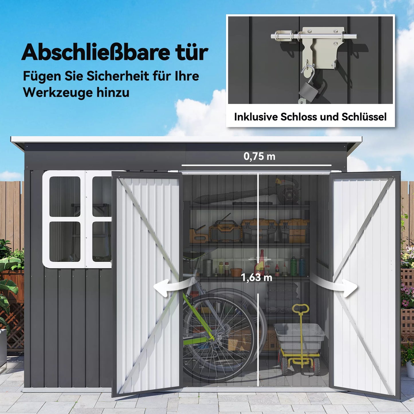 Metalinė sodo įrankių laikymo pašiūrė, su langu, plačios durys, 260 x 177 x 190 cm, tamsiai pilka