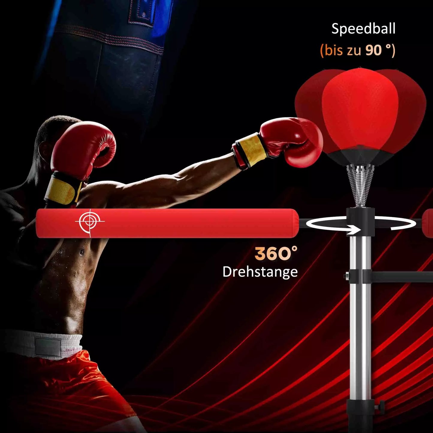 4-viename laisvai pastatomas bokso maišo stovas, 160-230 cm reguliuojamo aukščio, raudonas