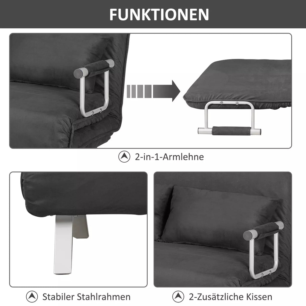 Sofa-lova „3 in 1“ su 5 padėčių reguliuojamu atlošu ir aksomo apdaila, 185x105 cm (pilka)