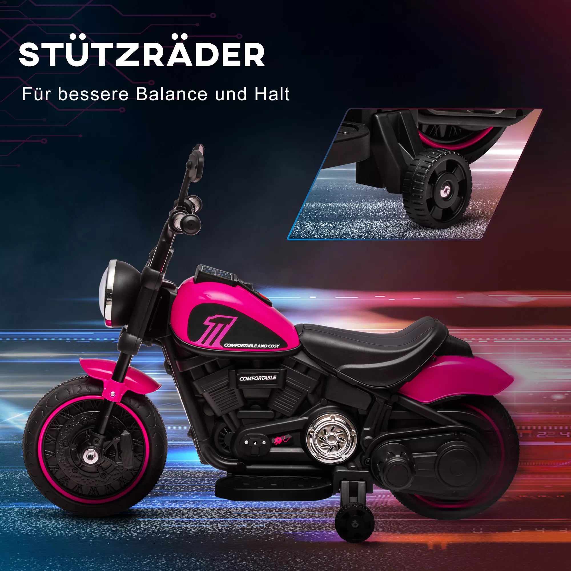 Elektrinis vaikų motociklas su pagalbiniais ratais, žibintais, greitis nuo 1,5 iki 3 km/h, skirtas vaikams nuo 1,5 iki 3 metų, rožinis