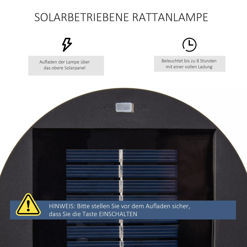 Sodo lempa, lauko lempa, maitinama saulės energija, veikia 8 valandas, automatinis režimas, rotango išvaizda, 21,5 x 21,5 x 61 cm