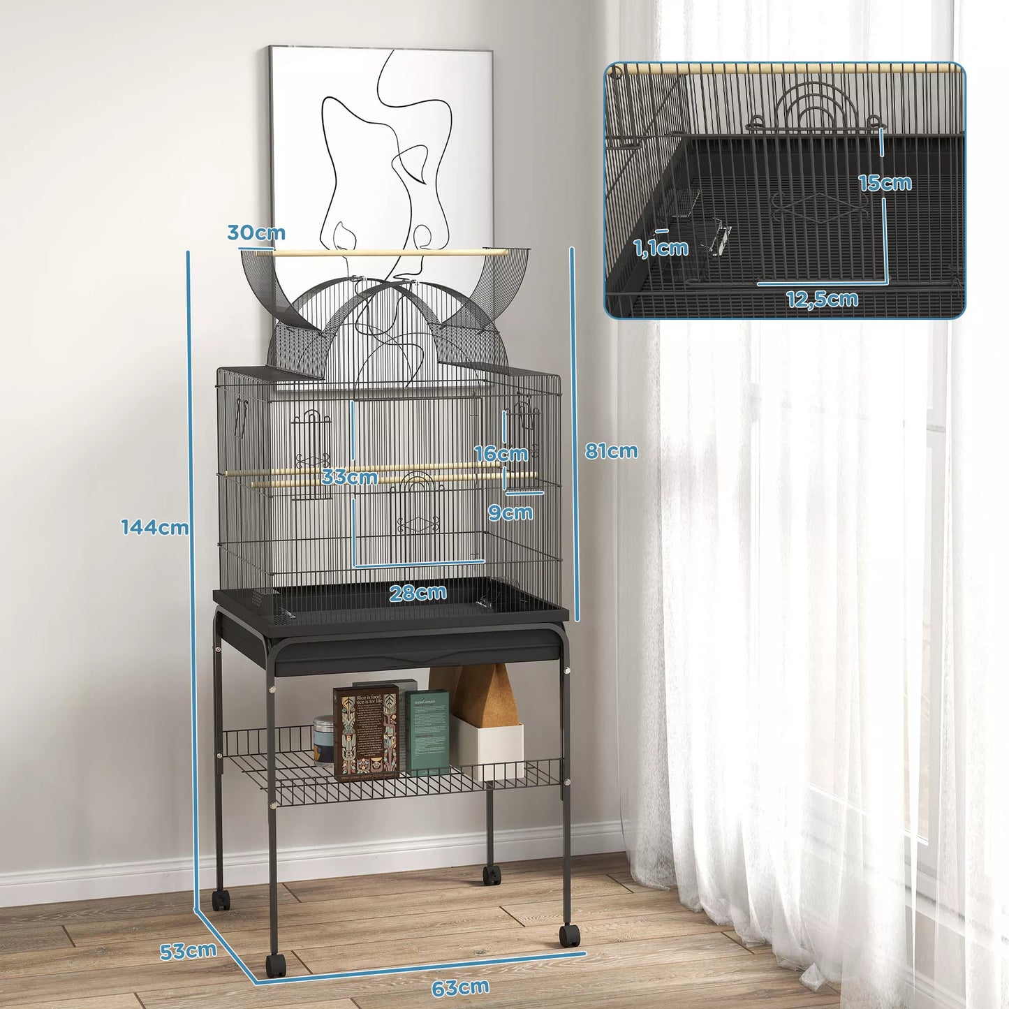 Mobilus paukščių narvas kanarėlėms ir banguotiesiems papūgėlėms, su dugno skyriumi, metaliniu tinkleliu, juodas