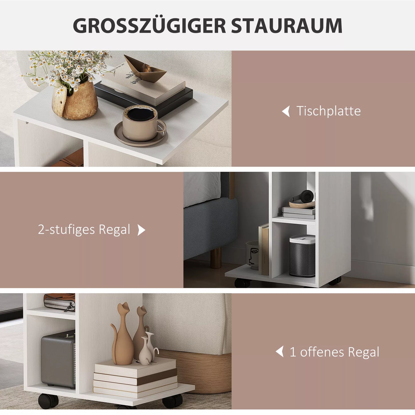 Pagalbinis staliukas C formos, kavos staliukas, svetainės staliukas, kampinis rašomasis stalas, su ratukais, E1 medžio drožlių plokštė, 45 x 35 x 58 cm, Balta