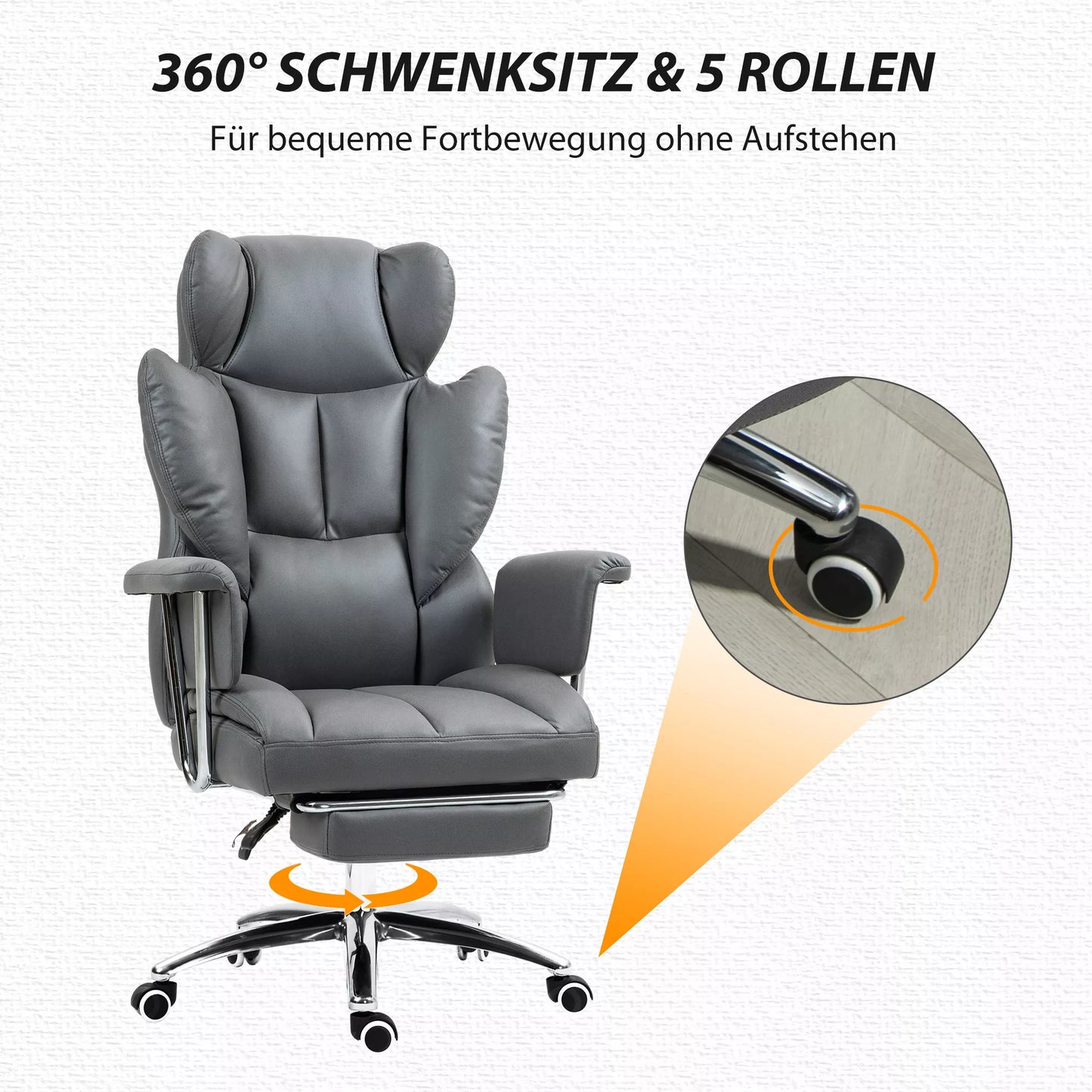 Ergonomiška biuro kėdė, paminkštinta, su kojų atrama, reguliuojama nugaros atrama, 360° pasukama, tamsiai pilka