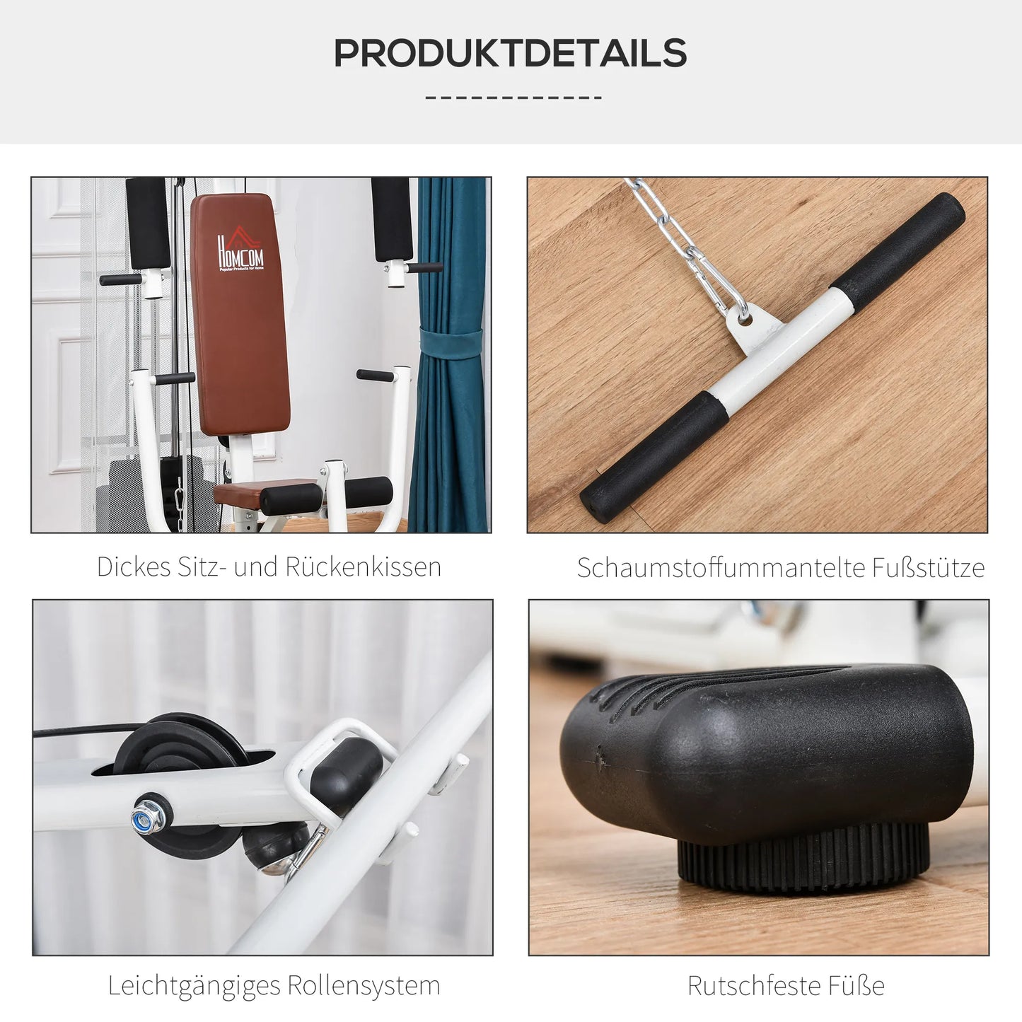 Sporto salės treniruoklis, daugiafunkcinis treniruoklis, jėgos stotis su svoriais, viršutinio traukimo ir kojų lenkimo funkcijos, metalas, PU dirbtinė oda, baltos spalvos, 150 x 110 x 210 cm