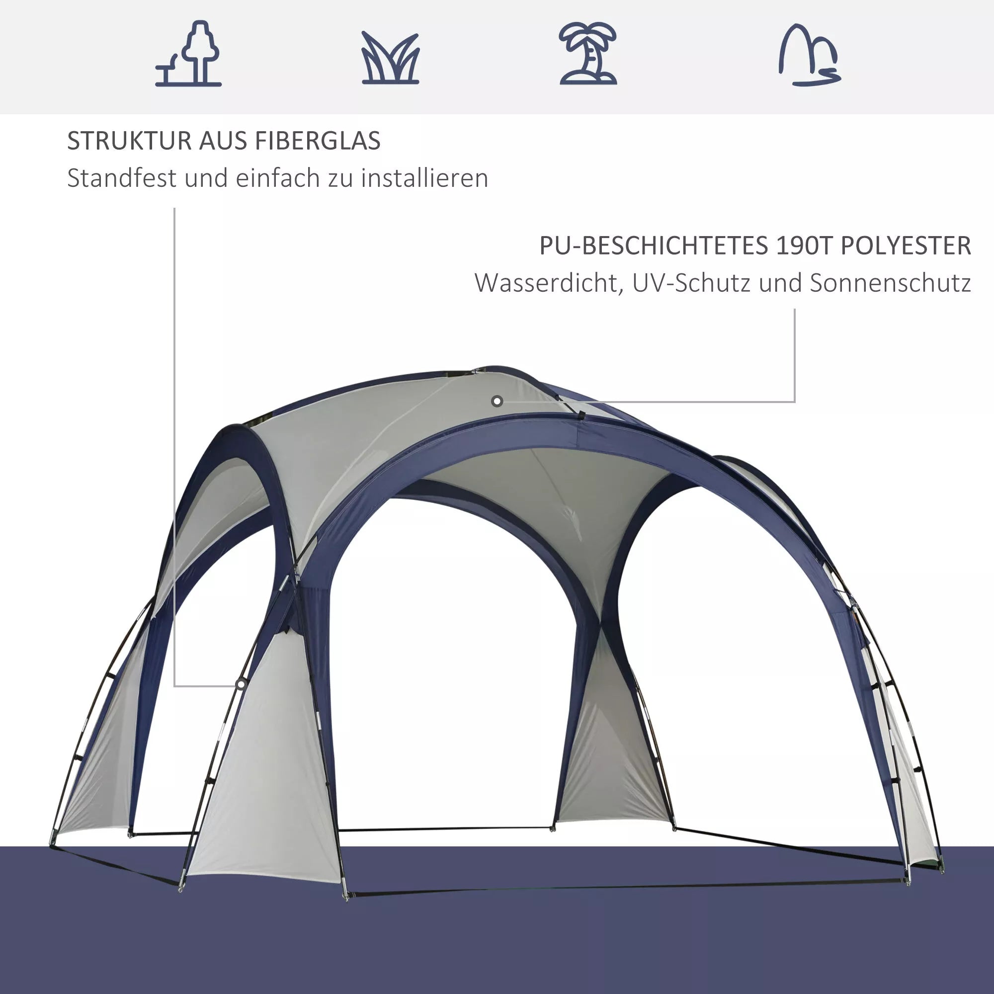 Kupolinė palapinė 6–8 asmenims, paviljonas, apsauga nuo saulės ir dulksnos, 3,5 x 3,5 x 2,22 m, kreminė balta spalva