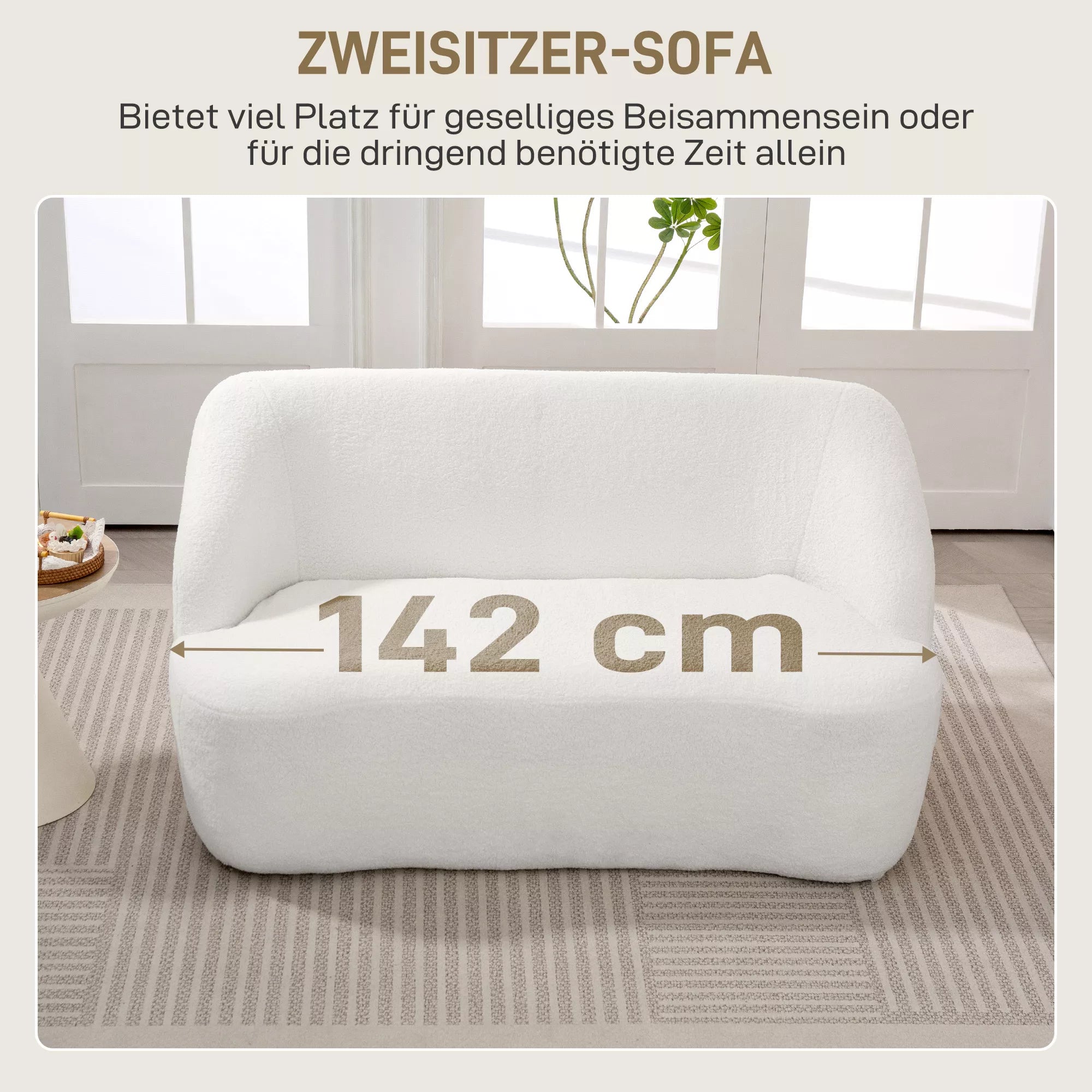 Dvivietė sofa, išlenkta forma, minkšta sofa su fliso apmušalu, skirta svetainei, miegamajam, namų biurui, kreminės baltos spalvos