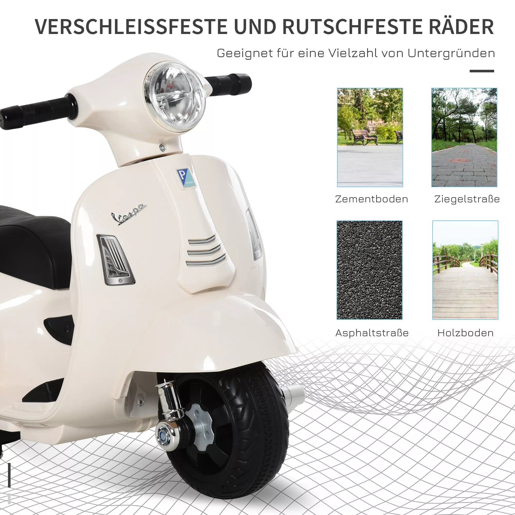 Elektrinis motoroleris Vespa vaikams nuo 18–36 mėn., baltas