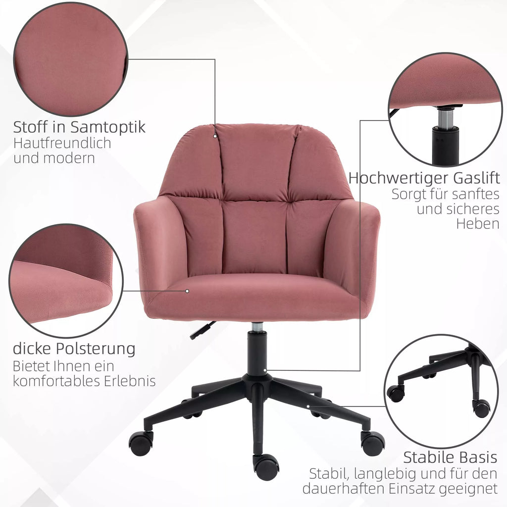 Biuro kėdė, ergonomiška, aukščio reguliuojama, sukiojama, aksomo išvaizda, iki 120 kg, rožinė