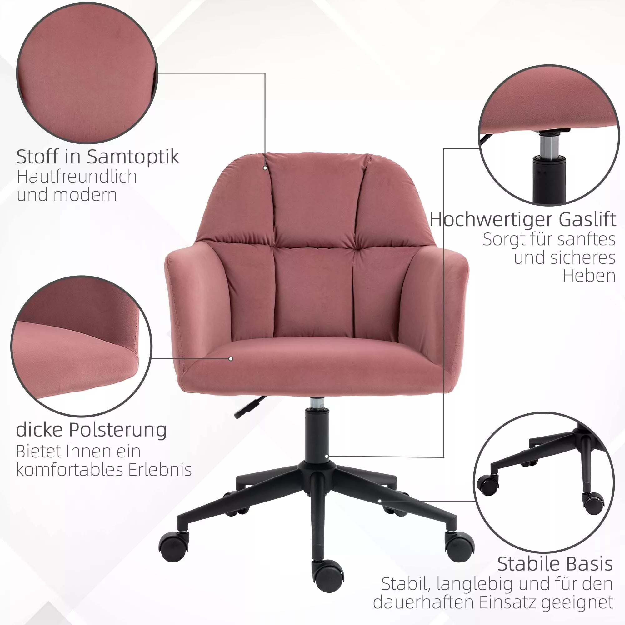 Biuro kėdė, ergonomiška, aukščio reguliuojama, sukiojama, aksomo išvaizda, iki 120 kg, rožinė
