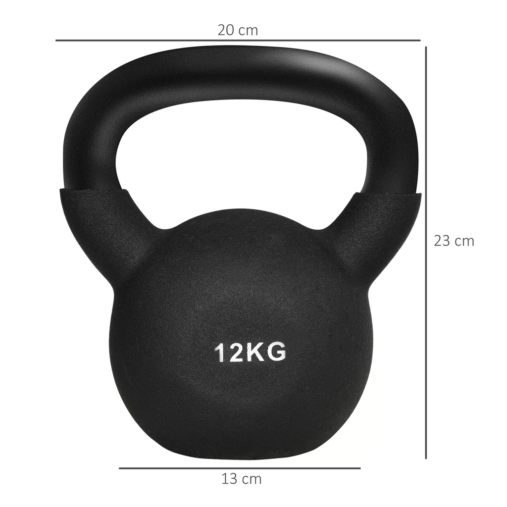 Kettlebell, rutulinis hantelis, 12 kg, su plastiko apvalkalu, plienas, juodas 20 x 13 x 22 cm