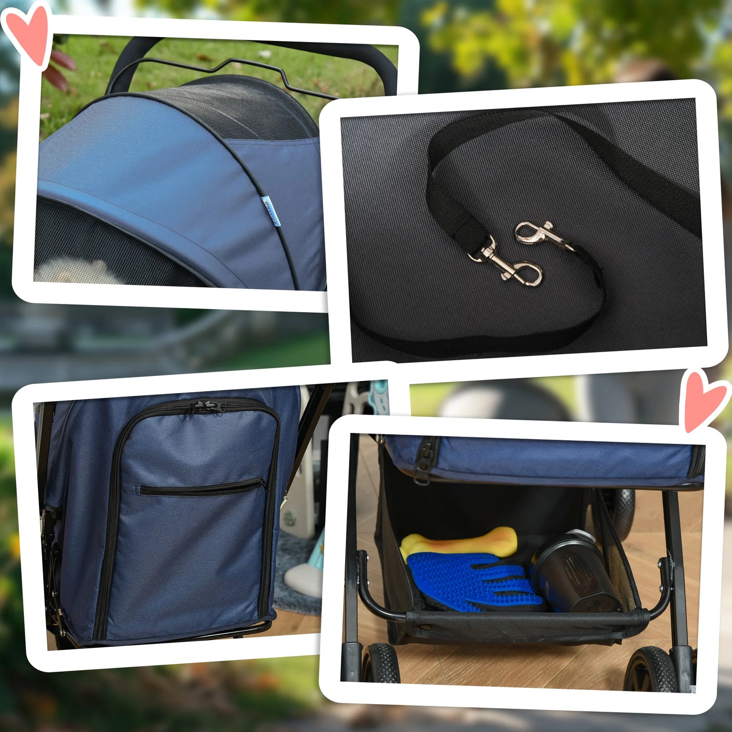 Šunų vežimėlis iki 10 kg, sulankstomas, su reguliuojamu stogeliu, daiktadėže apačioje, 2 stabdžiais, saugos pavadėliu, mėlynas