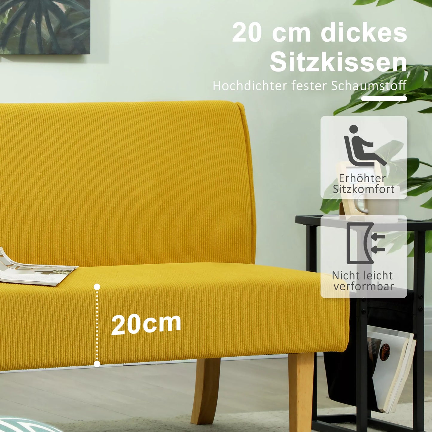 Dvivietė sofa su velveto apmušalu, storu paminkštinimu ir tvirtais mediniais kojomis, skirta svetainei, miegamajam, biurui, geltonos spalvos.