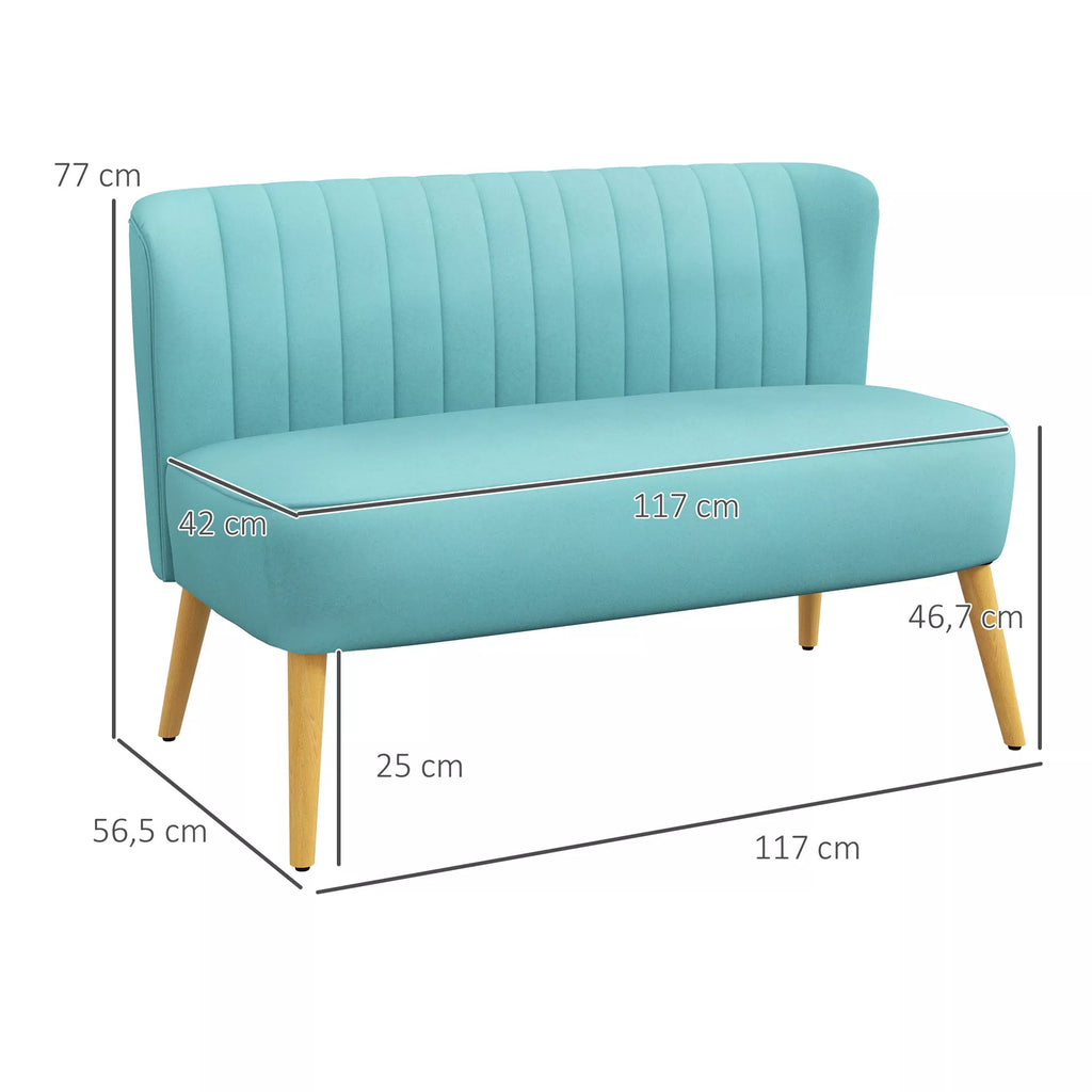 Retro dizaino dviejų vietų sofa su medinėmis kojelėmis, 117 cm x 56,5 cm x 77 cm, žalia