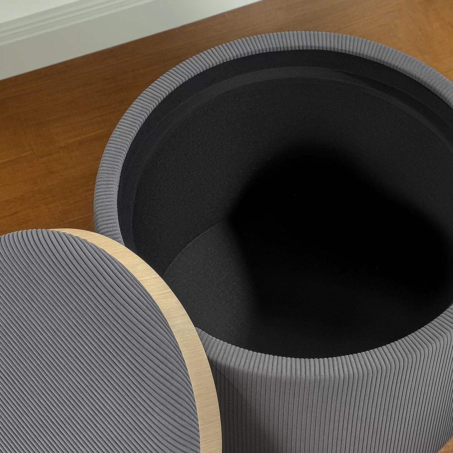 Apvalus laikymo pufas su daiktadėže, atrama kojoms, iš kordilano audinio, MDF, pilkos spalvos