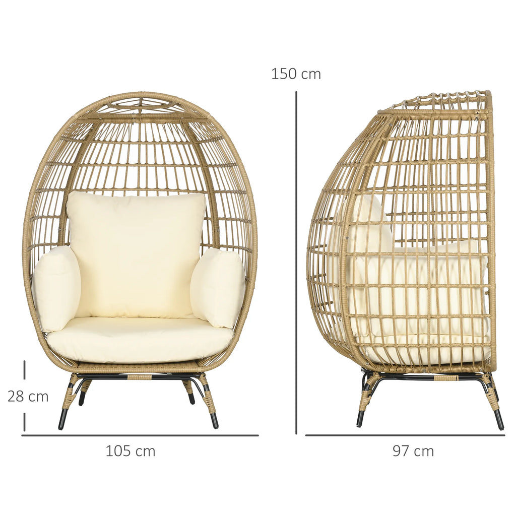 Rattaninio stiliaus krepšinė kėdė, minkštos sėdynės pagalvėlės, aliuminio rėmas, chaki + smėlio spalvos, 105 x 90 x 148 cm