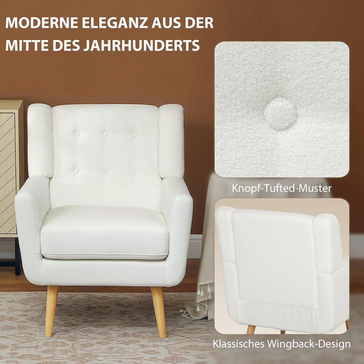 Fotelis su porankiais, sparnuotasis fotelis, minkštas fotelis, medinės kojos, sagčių apmušalas, baltas