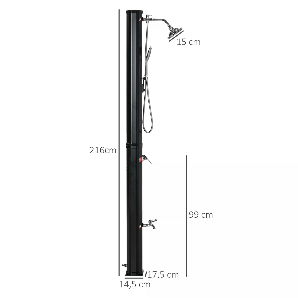 Saulės dušas 35 litrai 0–55 ℃ šiltas vanduo Kempingo baseino dušas su čiaupu ir lietaus dušo galvute Juodas 17,5 x 14,5 x 216 cm