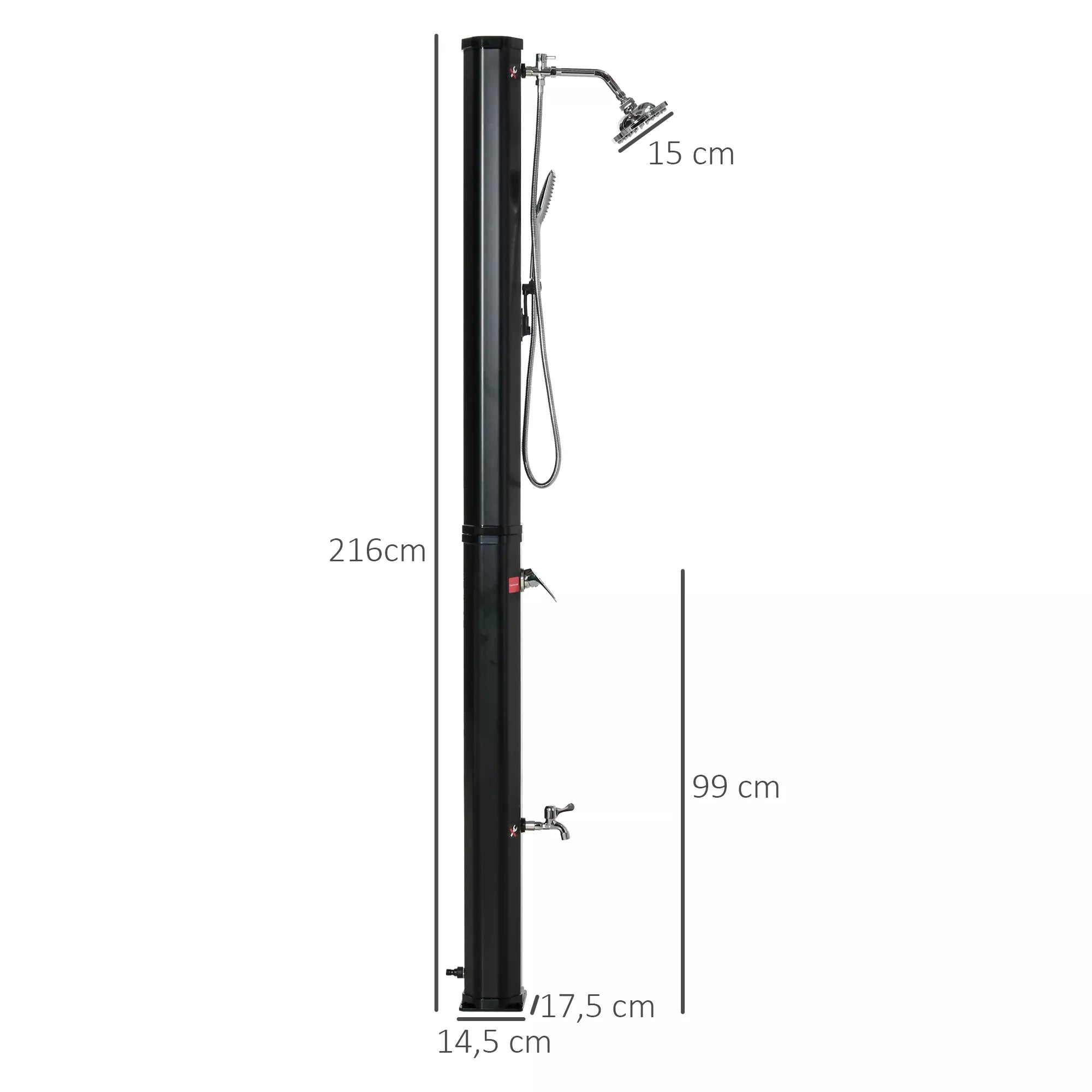 Saulės dušas 35 litrai 0–55 ℃ šiltas vanduo Kempingo baseino dušas su čiaupu ir lietaus dušo galvute Juodas 17,5 x 14,5 x 216 cm