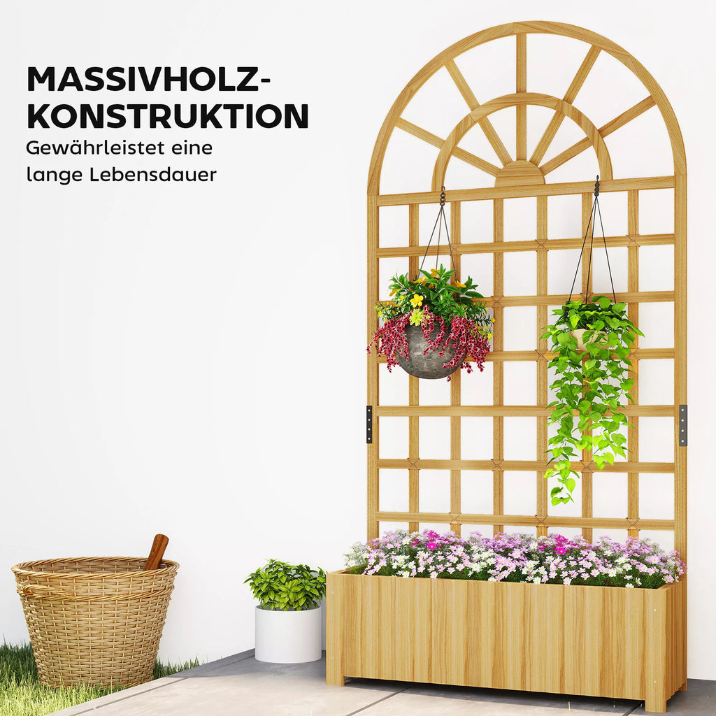 Medinis vazonas su atrama vijokliams, gėlių dėžė su grotelėmis ir drenažo anga, natūralus medis, 90x30x180 cm, natūrali medžio spalva