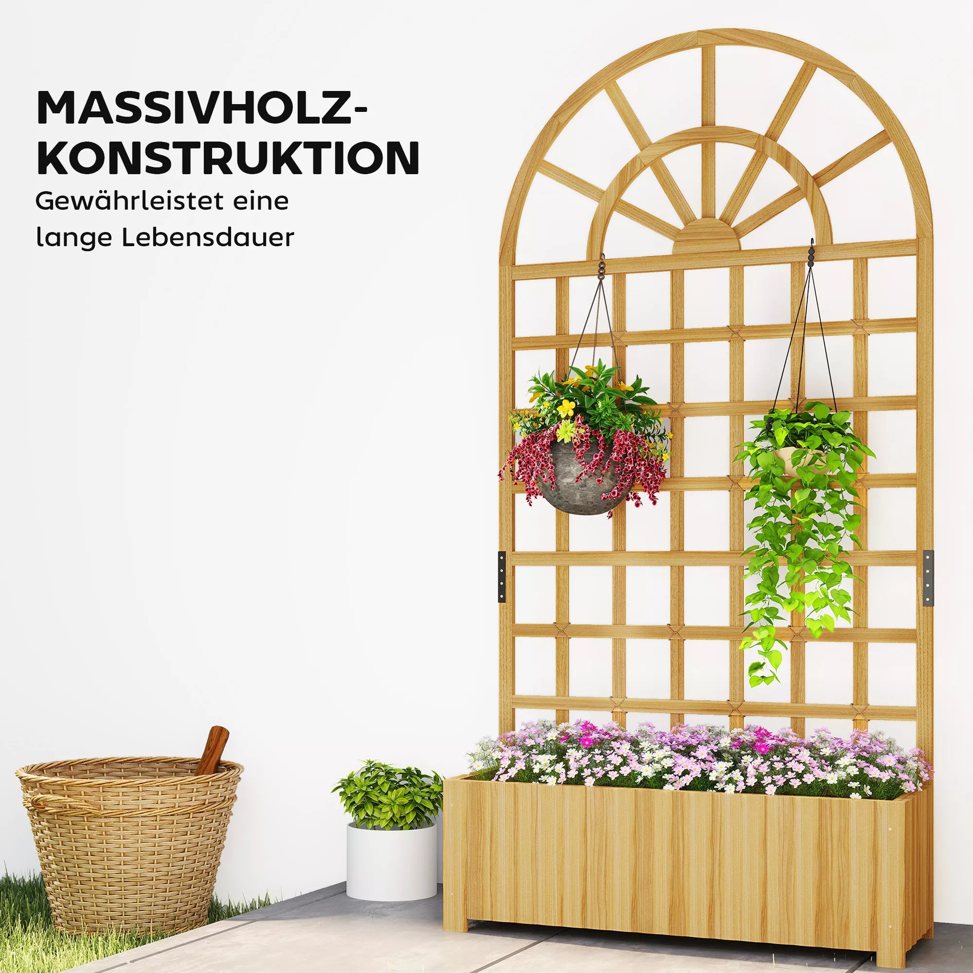 Medinis vazonas su atrama vijokliams, gėlių dėžė su grotelėmis ir drenažo anga, natūralus medis, 90x30x180 cm, natūrali medžio spalva