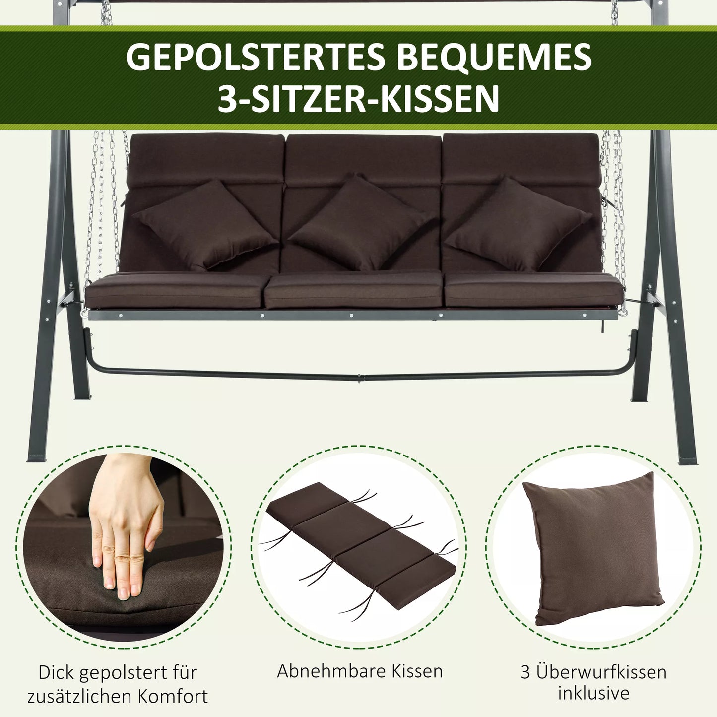 Sodo sūpynės su stogeliu, für 3 Personen, verstellbares Sonnendach, bis 270 kg, braun, 198 x 118 x 168 cm