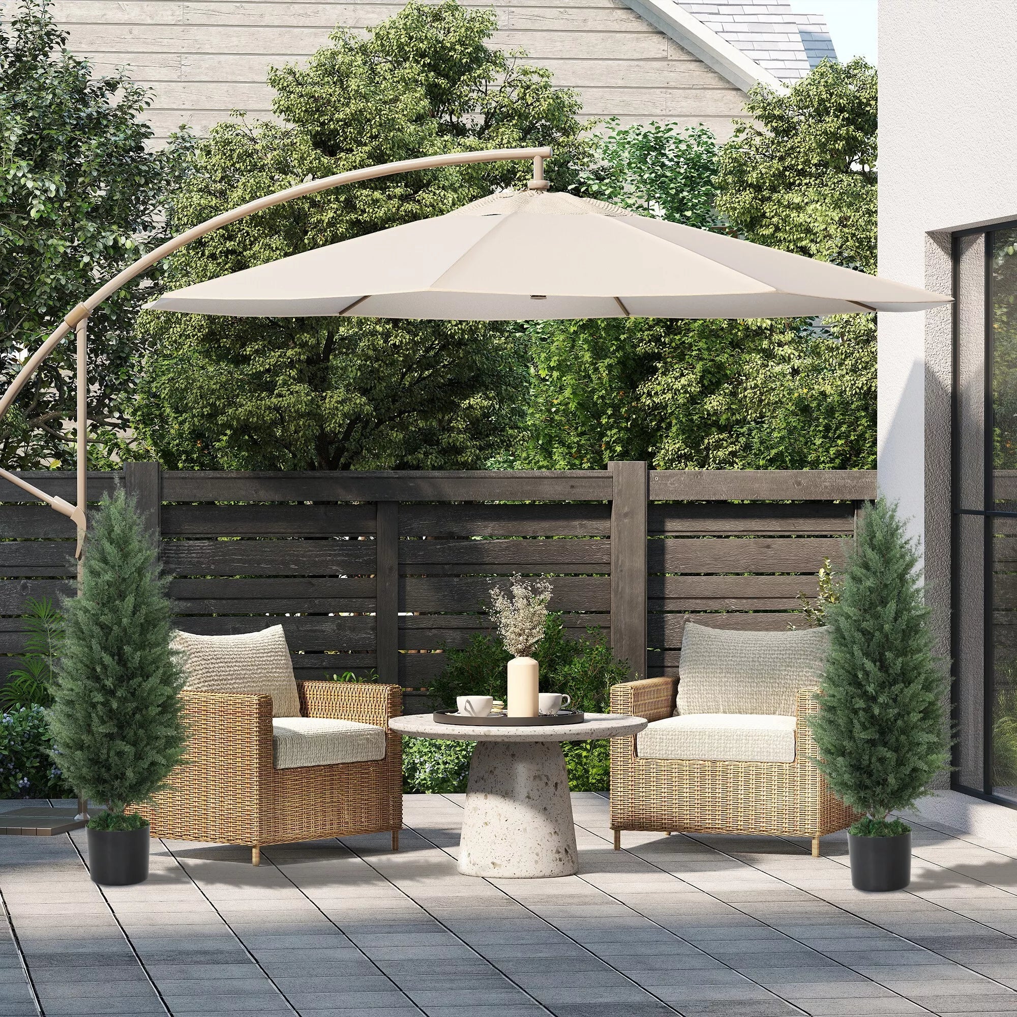 2 vnt. dirbtinių kiparisų rinkinys, dirbtiniai medžiai su 831 lapais, su cementiniu vazonu, atsparūs UV spinduliams, dirbtiniai augalai, 90 cm, žali