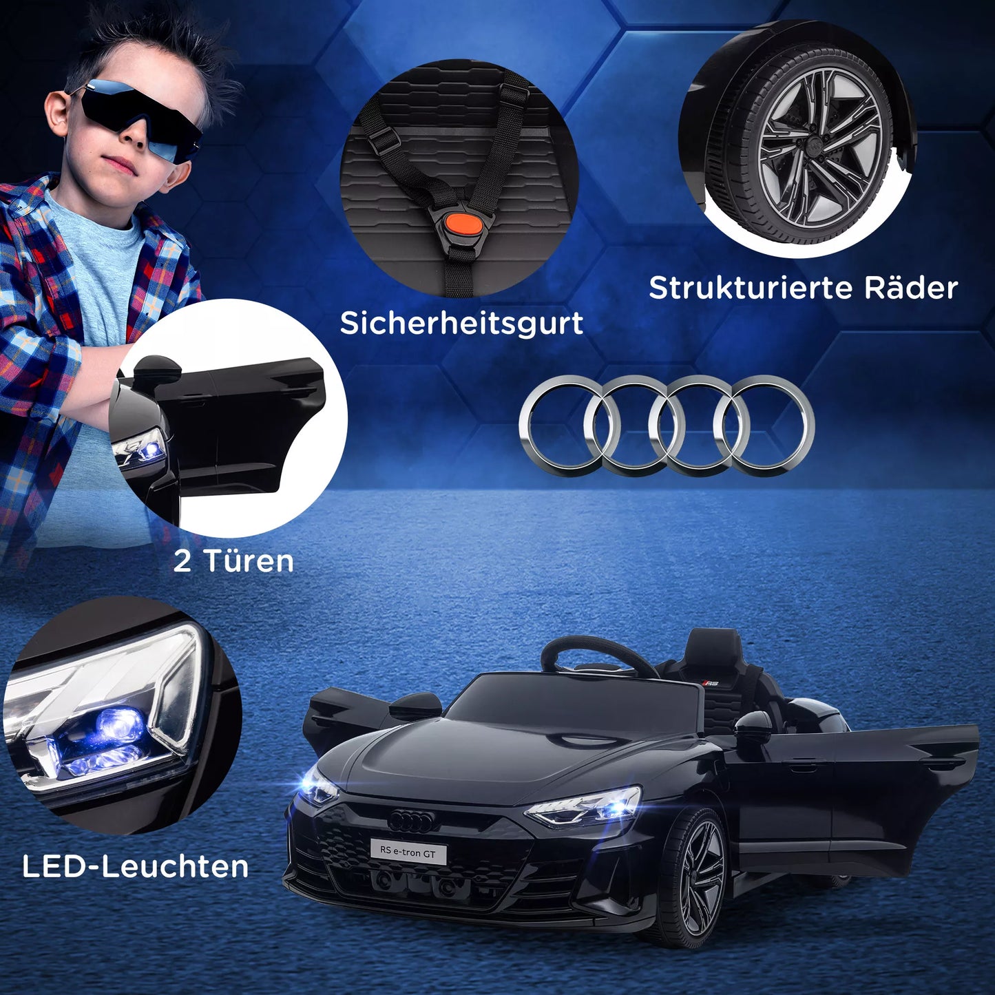 Vaikiškas elektromobilis, su "Audi" licencija, su saugos diržu, nuotolinio valdymo pultu, šviesomis, juodas, 103 x 58 x 41cm