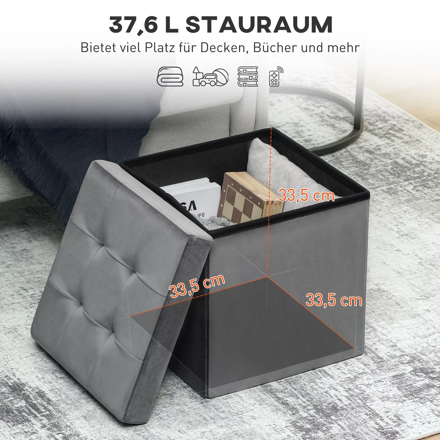 Sulankstomas taburetė su daiktų laikymo dėže, daiktų laikymo dėžė, putplastis, MDF, pilka