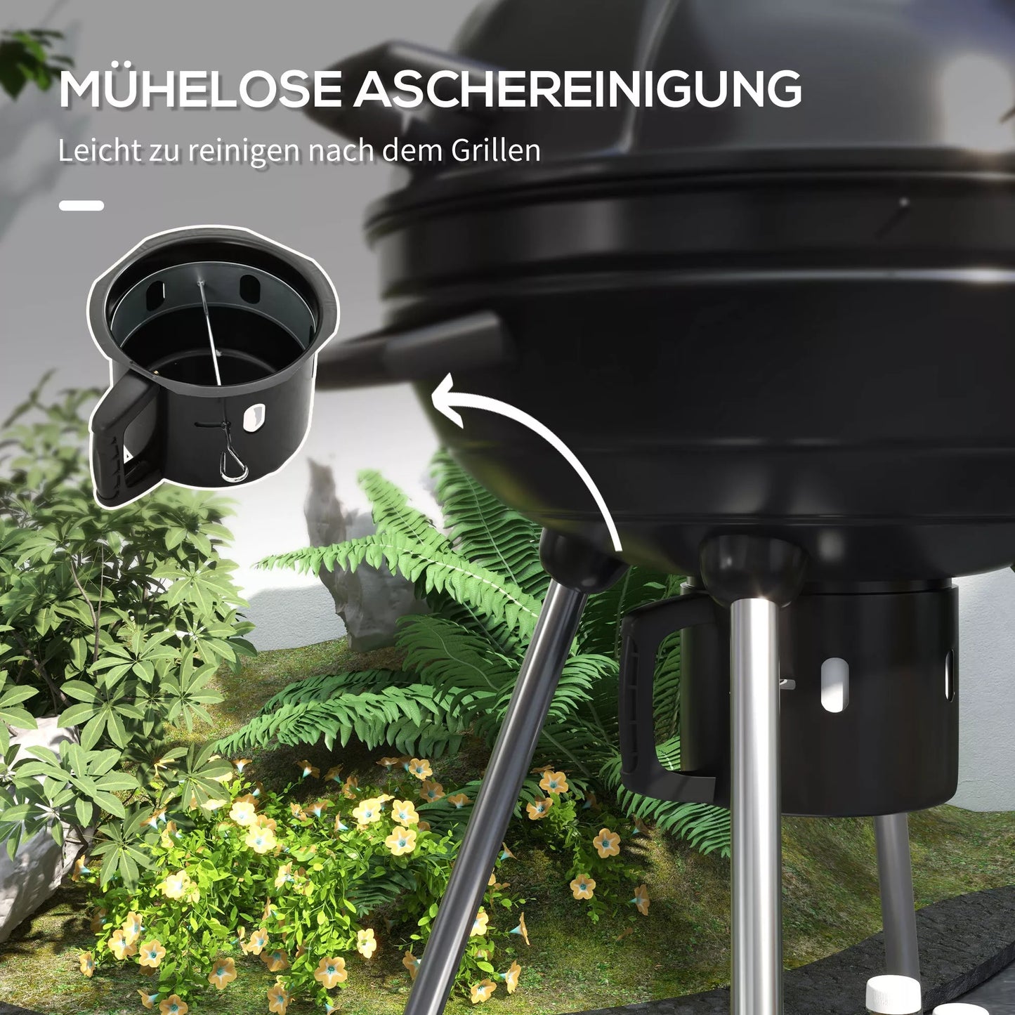 Kamuolinė kepsninė, Ø54 cm kepimo grotelės, pašildymo grotelės, lentyna, pelenų surinkėjas, termometras, 55 x 65 x 89 cm, juoda