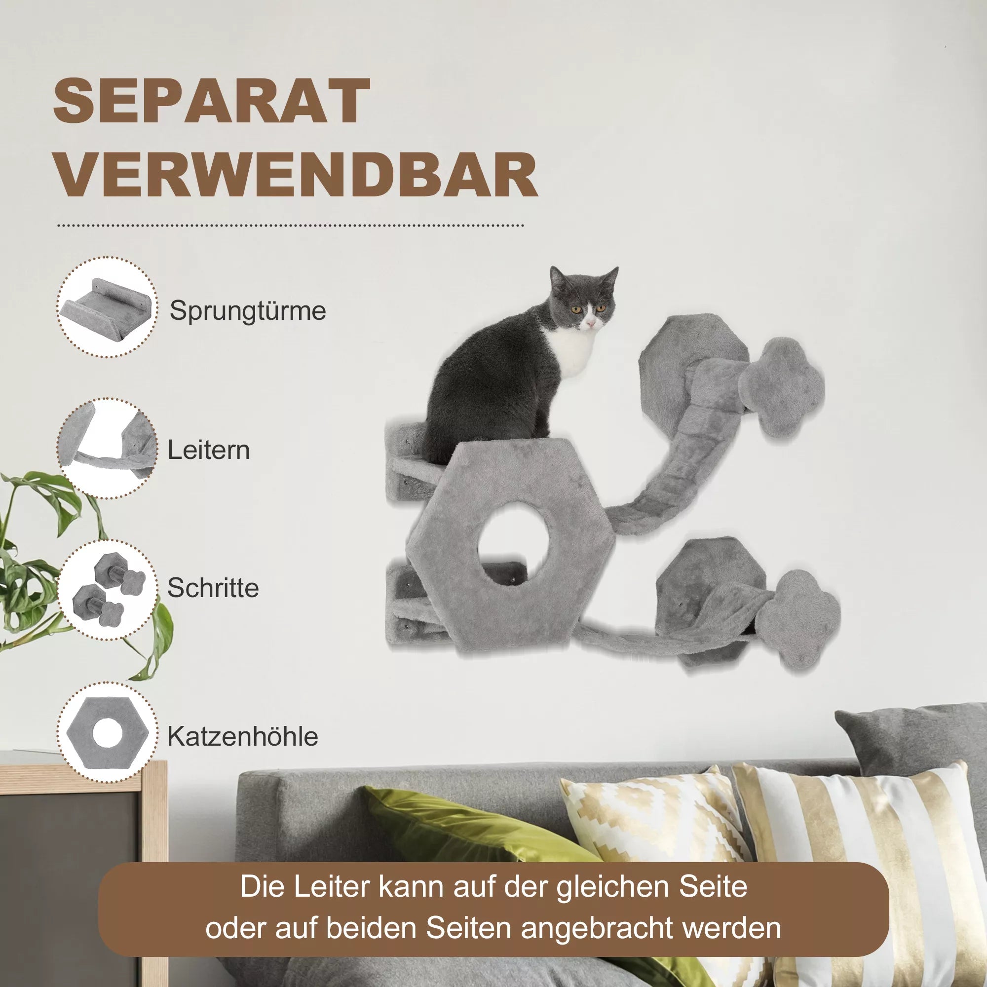 Katės laipiojimo siena, su nameliu, kopėtėlėmis, žaidimo kamuoliuku, erdvę taupanti, šviesiai pilka