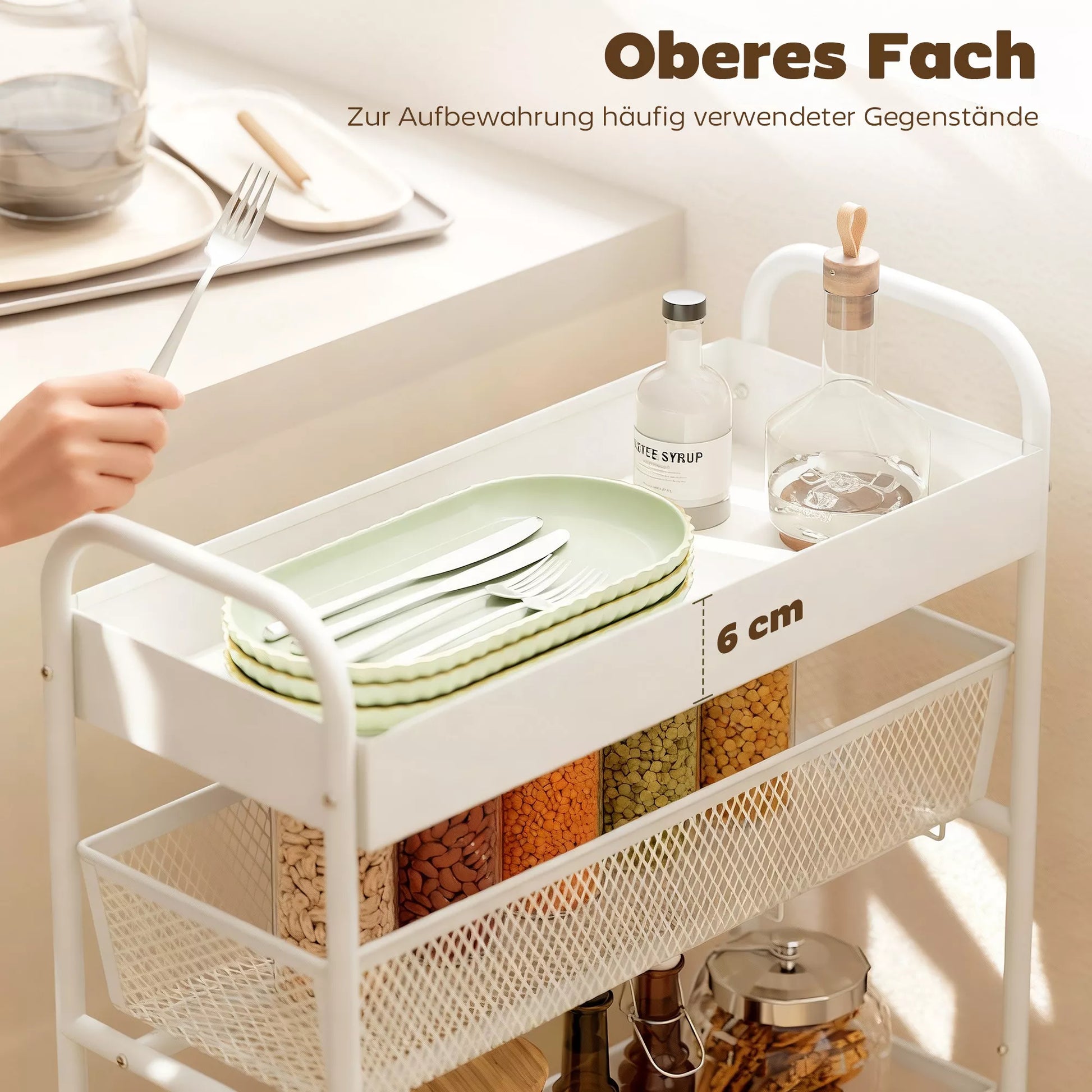 Metalinis virtuvės vežimėlis, 3 krepšiai, siauras dizainas, 4 ratai, skirtas virtuvei, svetainei, vonios kambariui, baltas