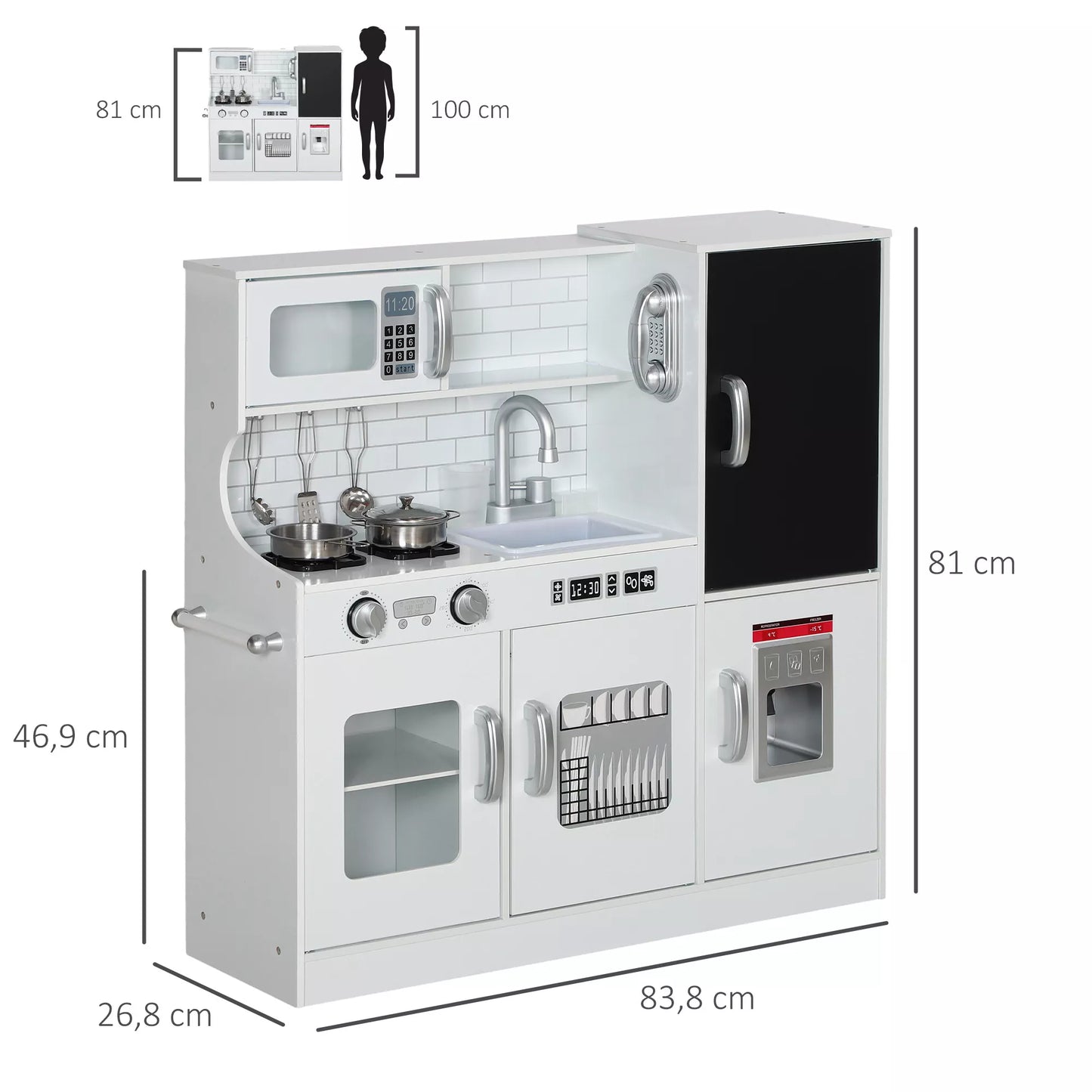 Vaikų virtuvė, žaidimų virtuvė su telefonu, kreidinė lenta, mikrobangų krosnelė, viryklė, kriauklė, priedai, ledo kubelių aparatas, 3–8 metai, balta