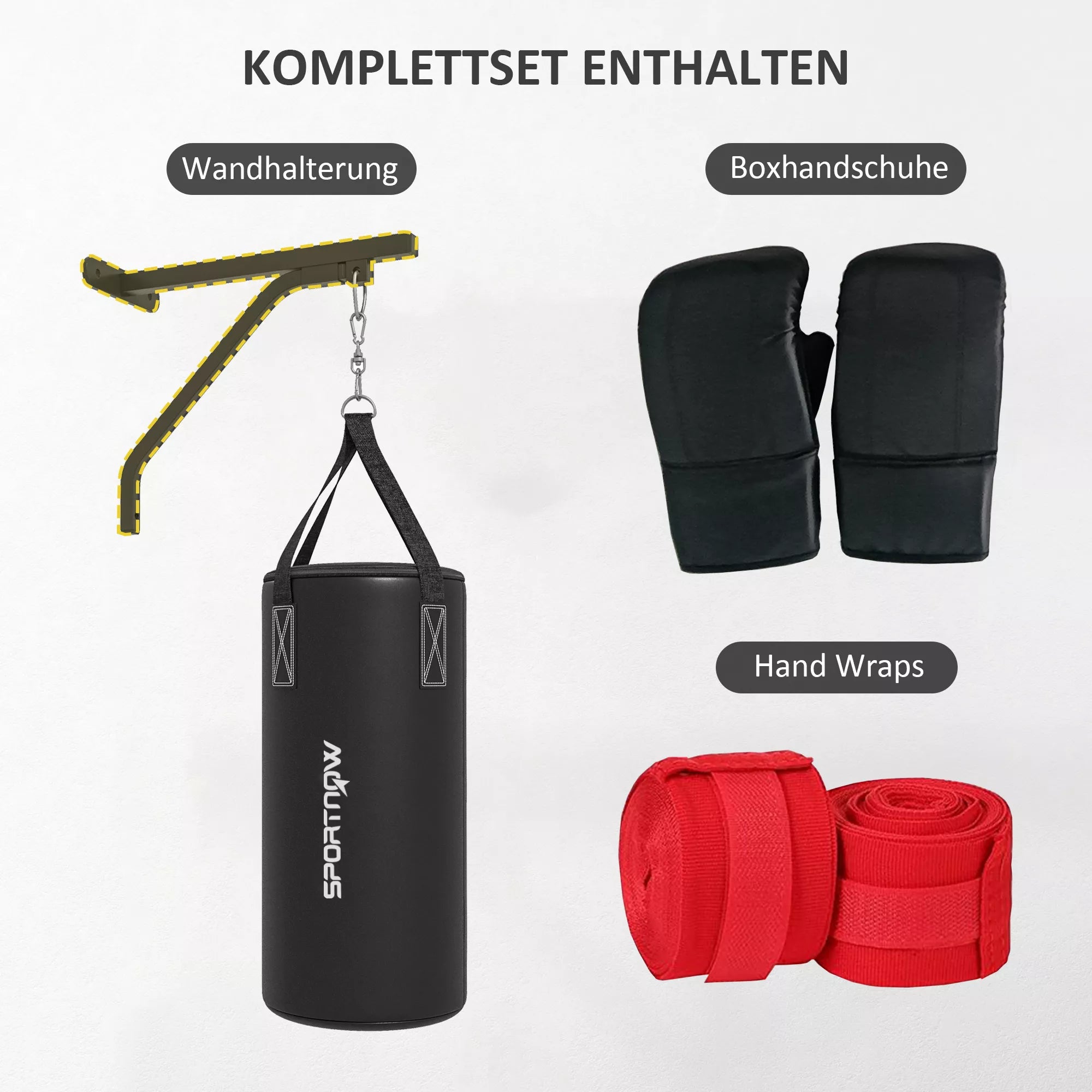 Bokso maišas, užpildomas, su sieniniu laikikliu, pirštinėmis ir tvarsciais, iki 45 kg, juodas