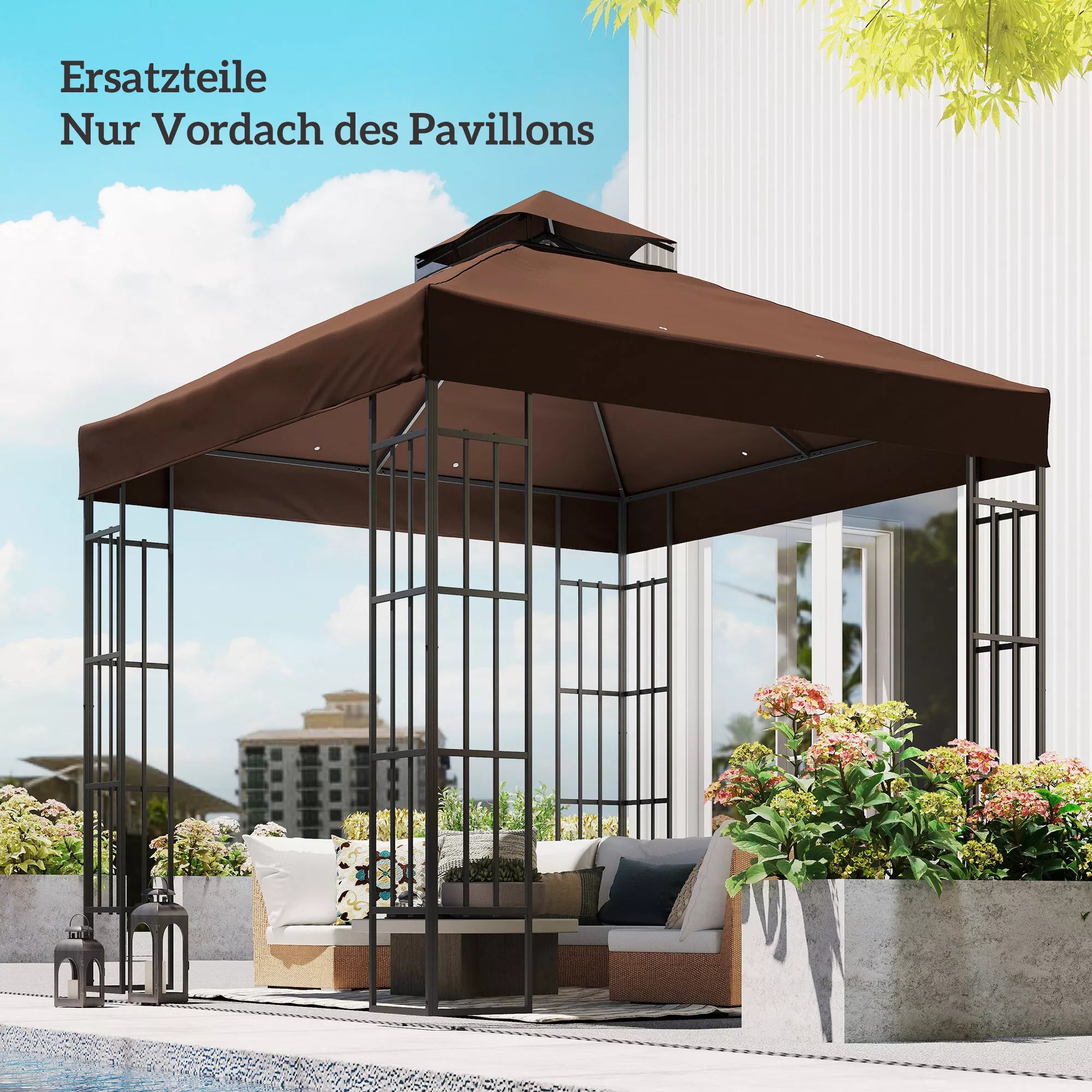 Pavėsinės stogas, paviljono uždanga su nutekėjimo angomis ir upf30+ apsauga, poliesteris, 3x3 m, kavos ruda