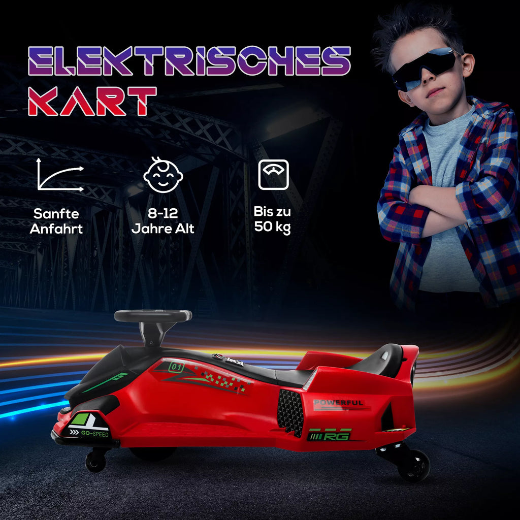 Elektrinis kartingas vaikams, guminiai ratai, 3-8 km/h, su šviesomis ir muzikos funkcija, raudonas