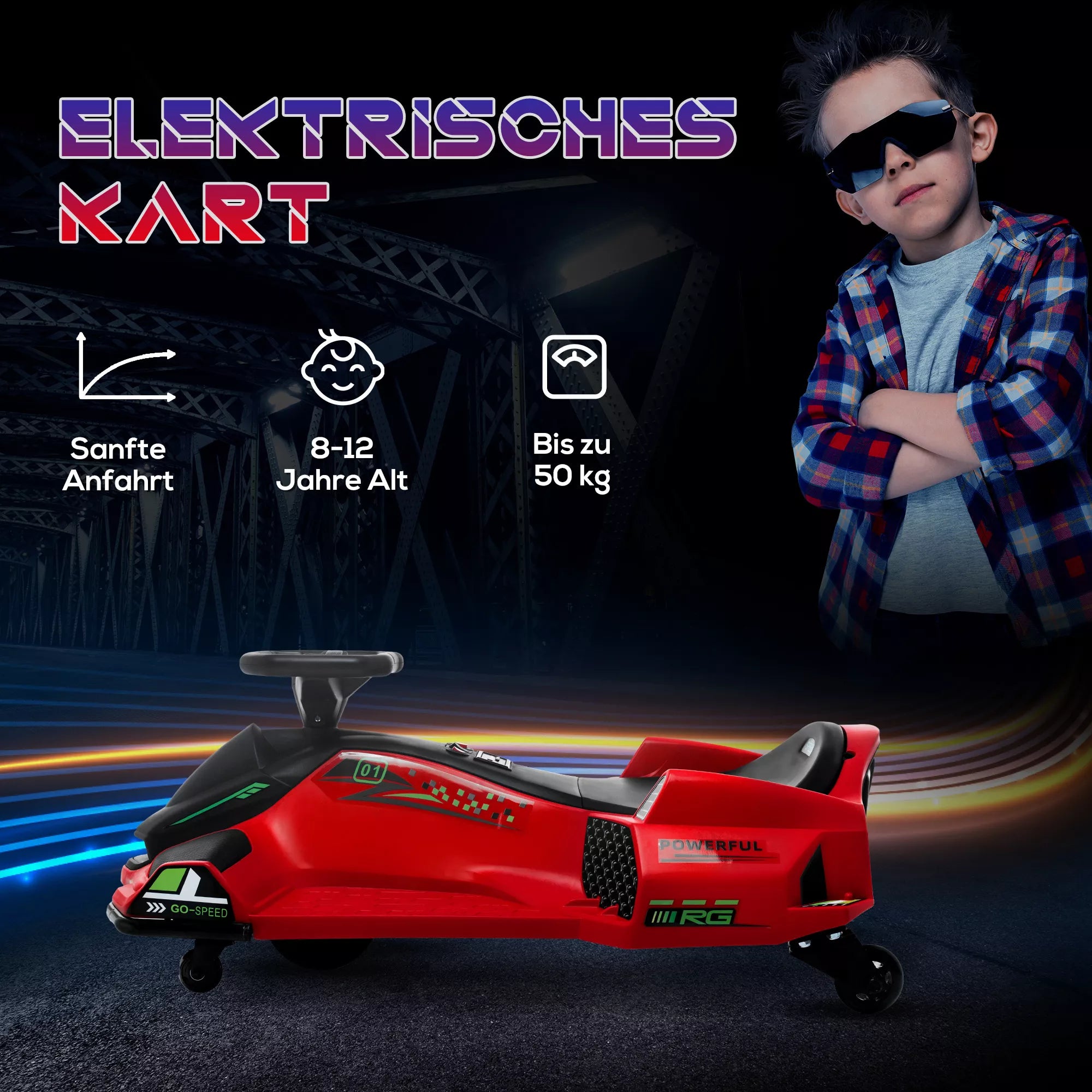 Elektrinis kartingas vaikams, guminiai ratai, 3-8 km/h, su šviesomis ir muzikos funkcija, raudonas