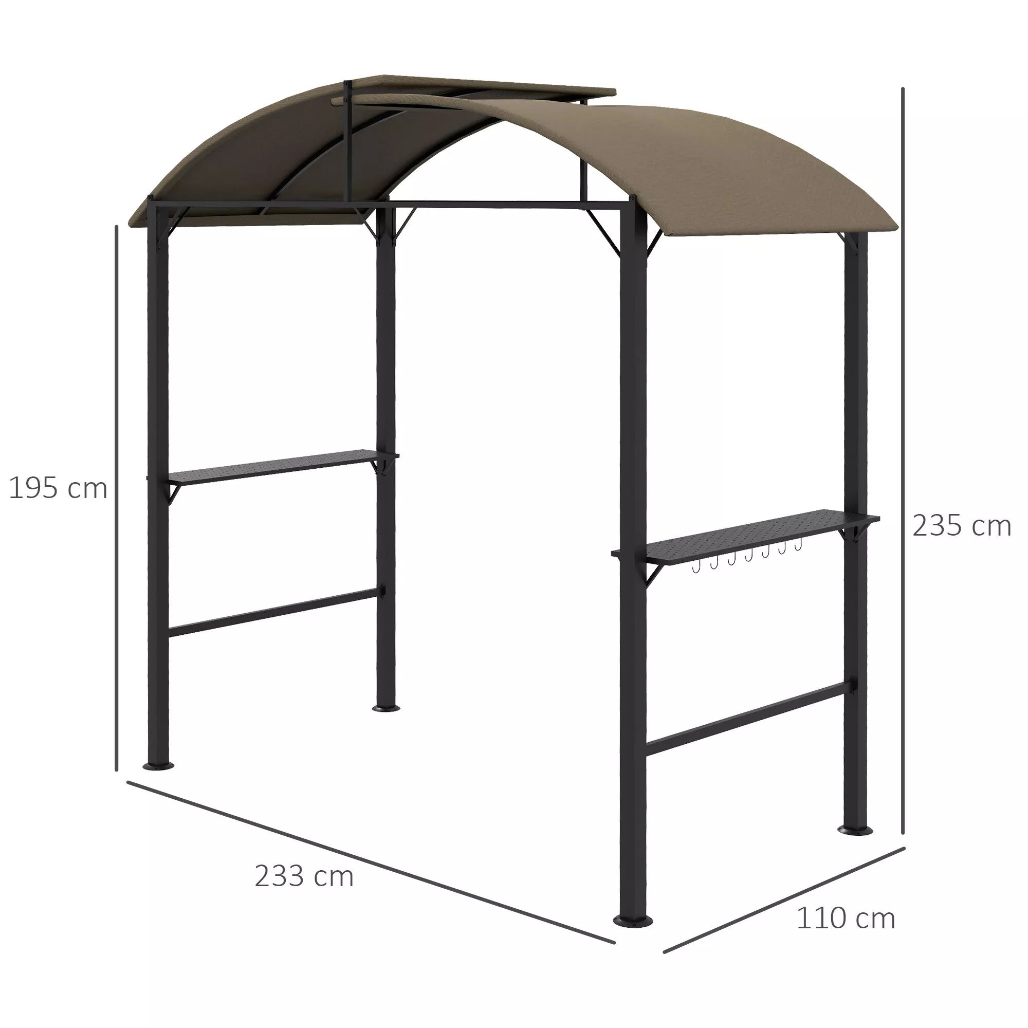 Grill paviljonas, 2 šoninės lentynos, kabliai, plieninis rėmas, 1,1 x 2,3 m, chaki spalvos