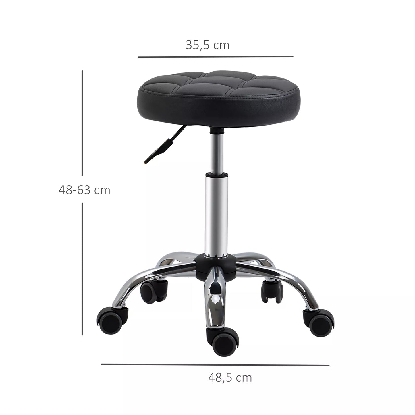 2 vnt. Rinkinys Reguliuojamo Aukščio Ratukinių Taburečių, Sukamos Taburetės 48-63 cm, Darbinė Taburetė 360° Besisukanti, Biuro, Salono, Masažo, SPA Taburetė, Juoda