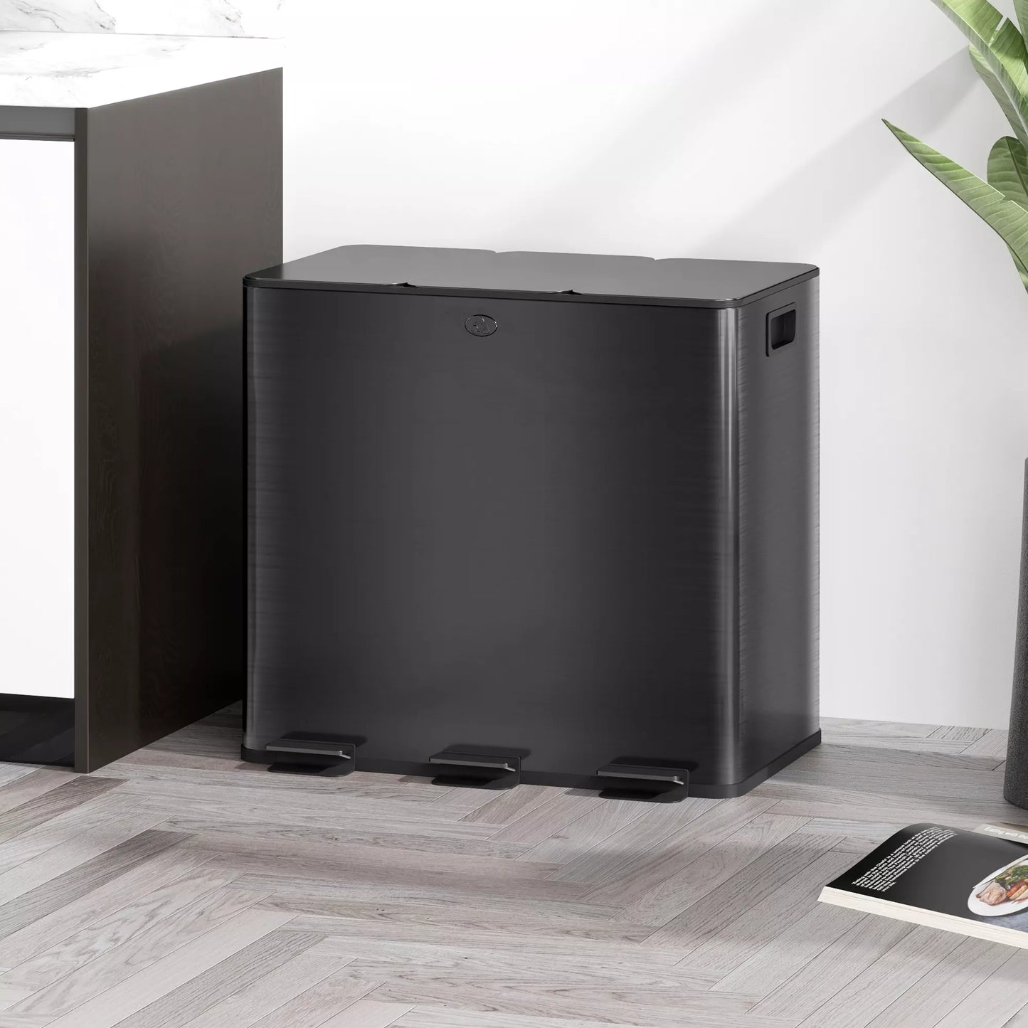 Šiukšliadėžė su 3 x 15L skyriais, kvapų filtru, atspari pirštų atspaudams, su švelniu uždarymu, išimama, juoda