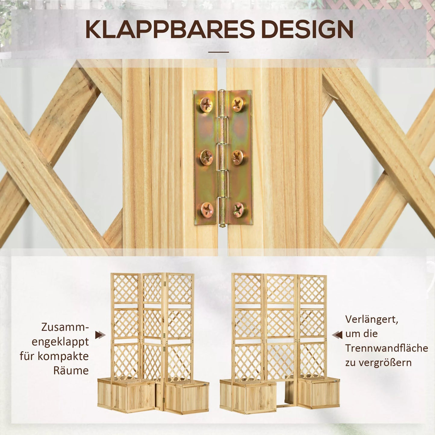 Paravanas, sodo pertvara, tris kartus sulankstomas, 4 gėlių dėžės, masyvi mediena, natūrali spalva, 133 x 62 x 165 cm